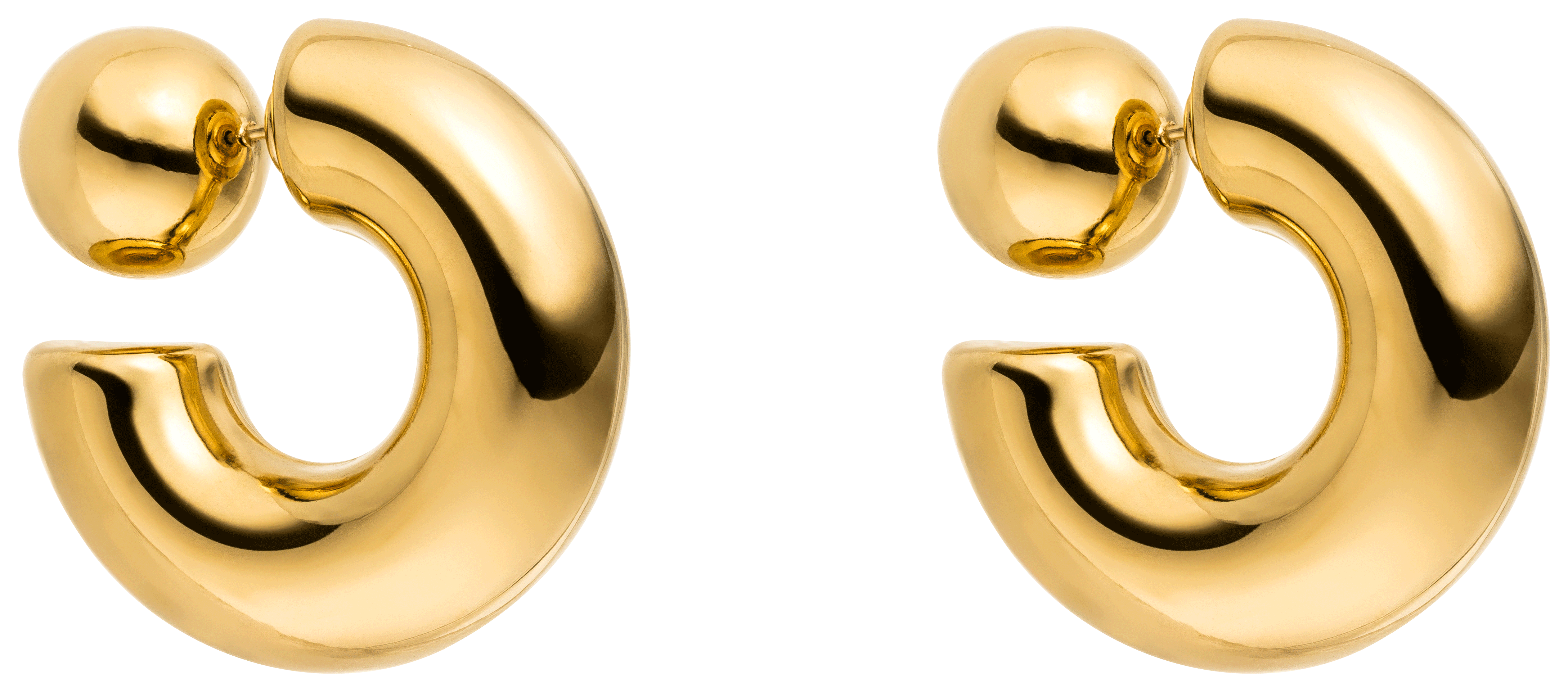 Die LeGer x Purelei - Unstoppable Ohrringe von LeGer by Lena Gercke sind glänzende, klobige Goldohrringe mit einem offenen, geschwungenen Design und einem kleinen runden Ohrstecker an einem Ende.