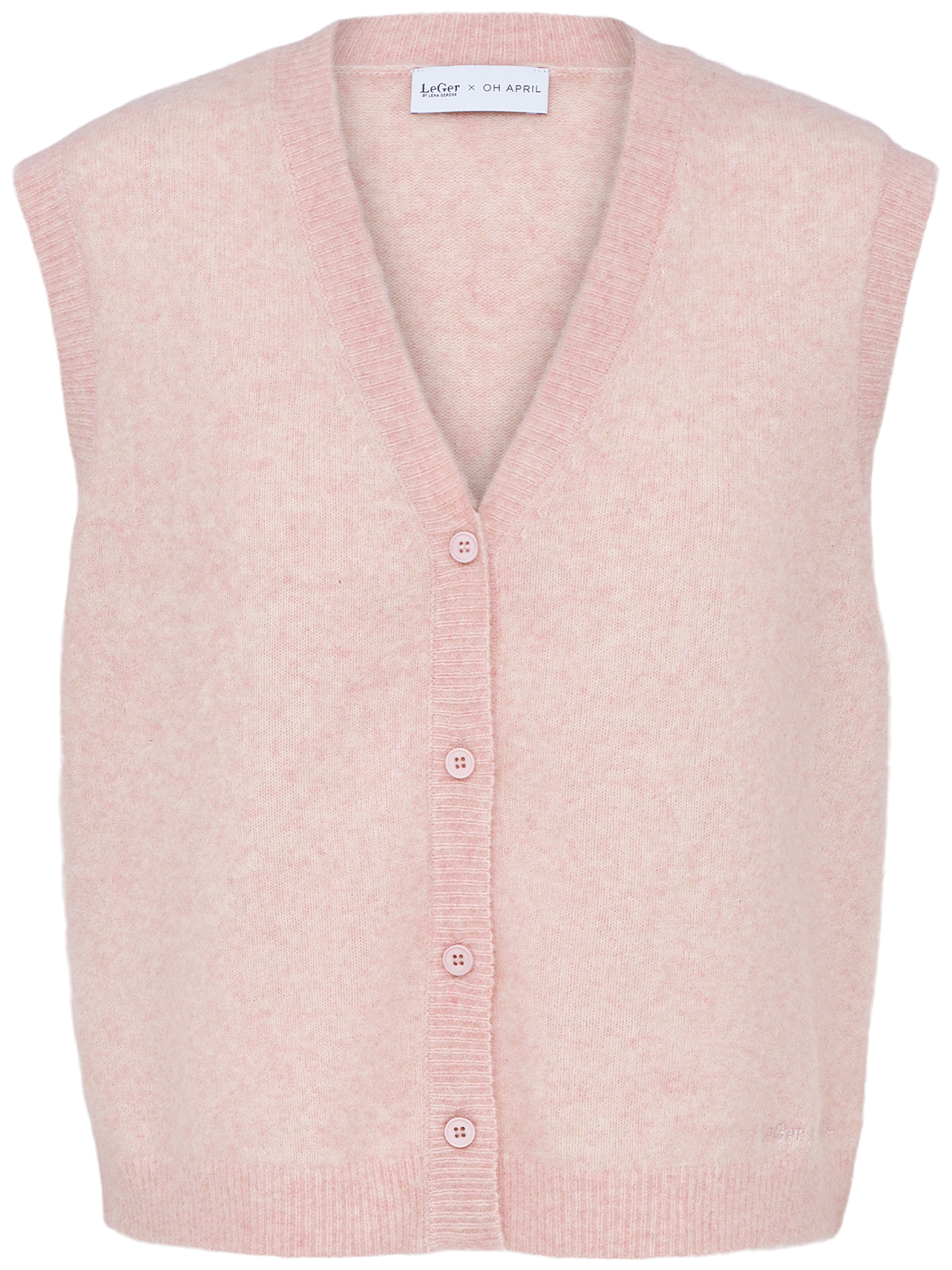Die LeGer x Oh April - Amira Knit Vest von LeGer by Lena Gercke ist eine ärmellose, hellrosa Strickweste mit V-Ausschnitt und vier Knöpfen. Abgebildet auf einem einfarbig weißen Hintergrund. Normale Passform; das Model ist 1,73 m groß und trägt Größe 36.