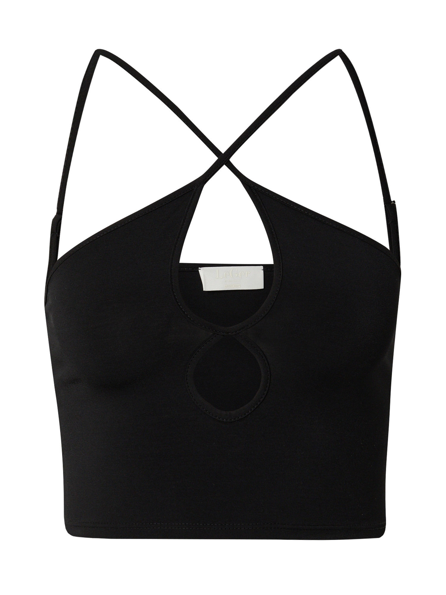 Wir präsentieren das Top „Lotta“ von LeGer by Lena Gercke – ein elegantes, ärmelloses schwarzes Crop-Top mit einem auffälligen, überkreuzten Trägerdesign über den Schultern und einem auffälligen Tropfen-Ausschnittmuster auf der Vorderseite. Dieses figurbetonte Top wird auf einer weißen Schaufensterpuppe präsentiert.