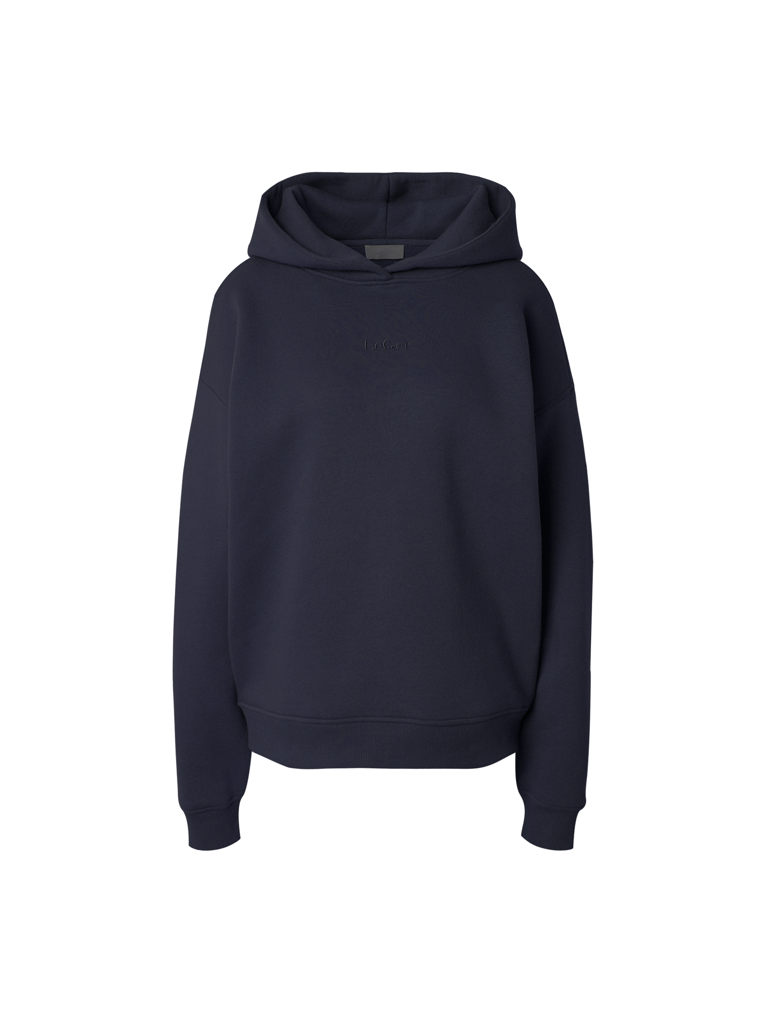 Der Abby Hoodie von LeGer by Lena Gercke ist ein unifarbenes, marineblaues Kapuzensweatshirt mit langen Ärmeln in Größe 36, abgebildet auf weißem Grund.