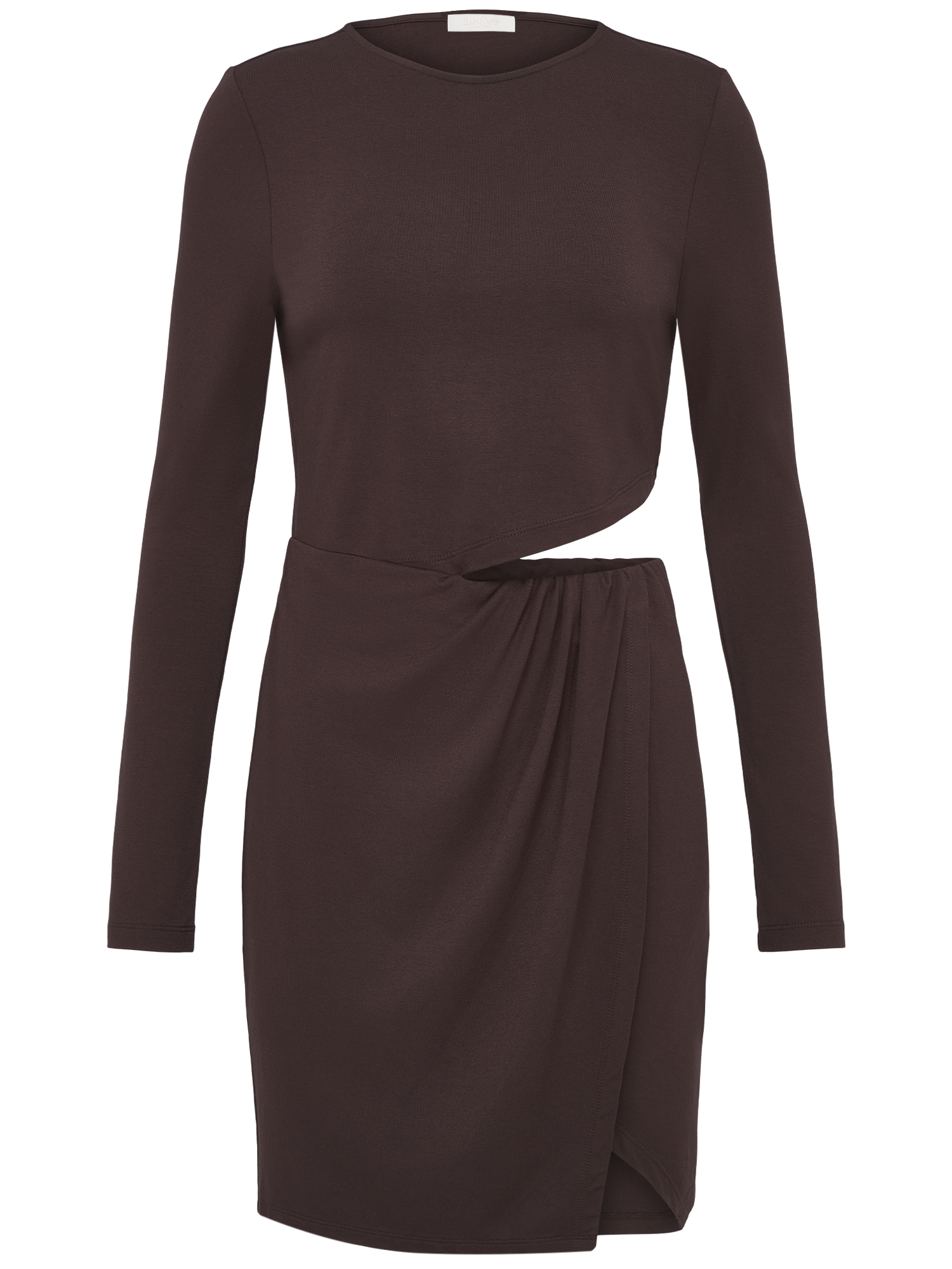 Das Kleid „Farina“ von LeGer by Lena Gercke ist ein dunkelbraunes, langärmeliges Minikleid mit einem asymmetrischen Ausschnitt an der Taille und einem drapierten, überlappenden Rock.
