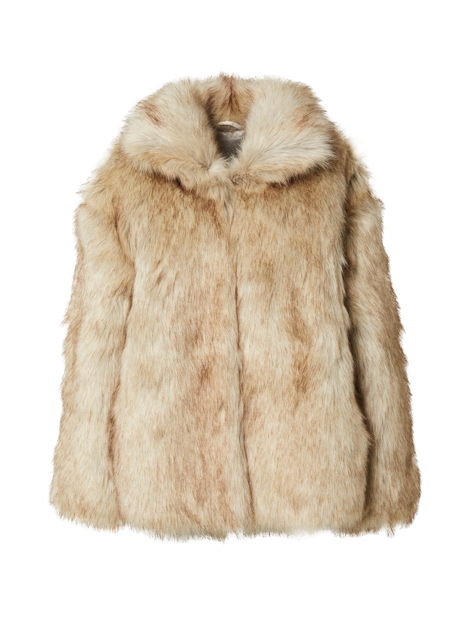 Die Fergie Jacket von LeGer by Lena Gercke ist ein hellbrauner, flauschiger Kunstpelzmantel mit lockerer Passform, breitem Kragen, langen Ärmeln und weicher Textur, abgebildet auf weißem Hintergrund.