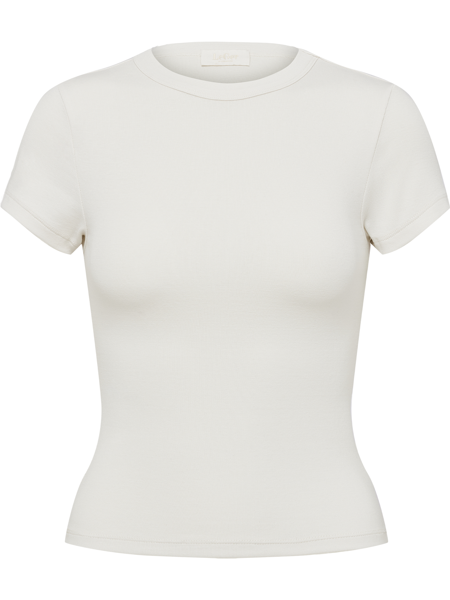 Ein schlichtes, kurzärmeliges „Ria“-T-Shirt von LeGer by Lena Gercke in klassischem Weiß wird vor einem weißen Hintergrund präsentiert. Dieses Slim-Fit-Damen-T-Shirt verfügt über einen Rundhalsausschnitt ohne sichtbare Logos oder Motive und besticht durch einen schlichten und vielseitigen Look.