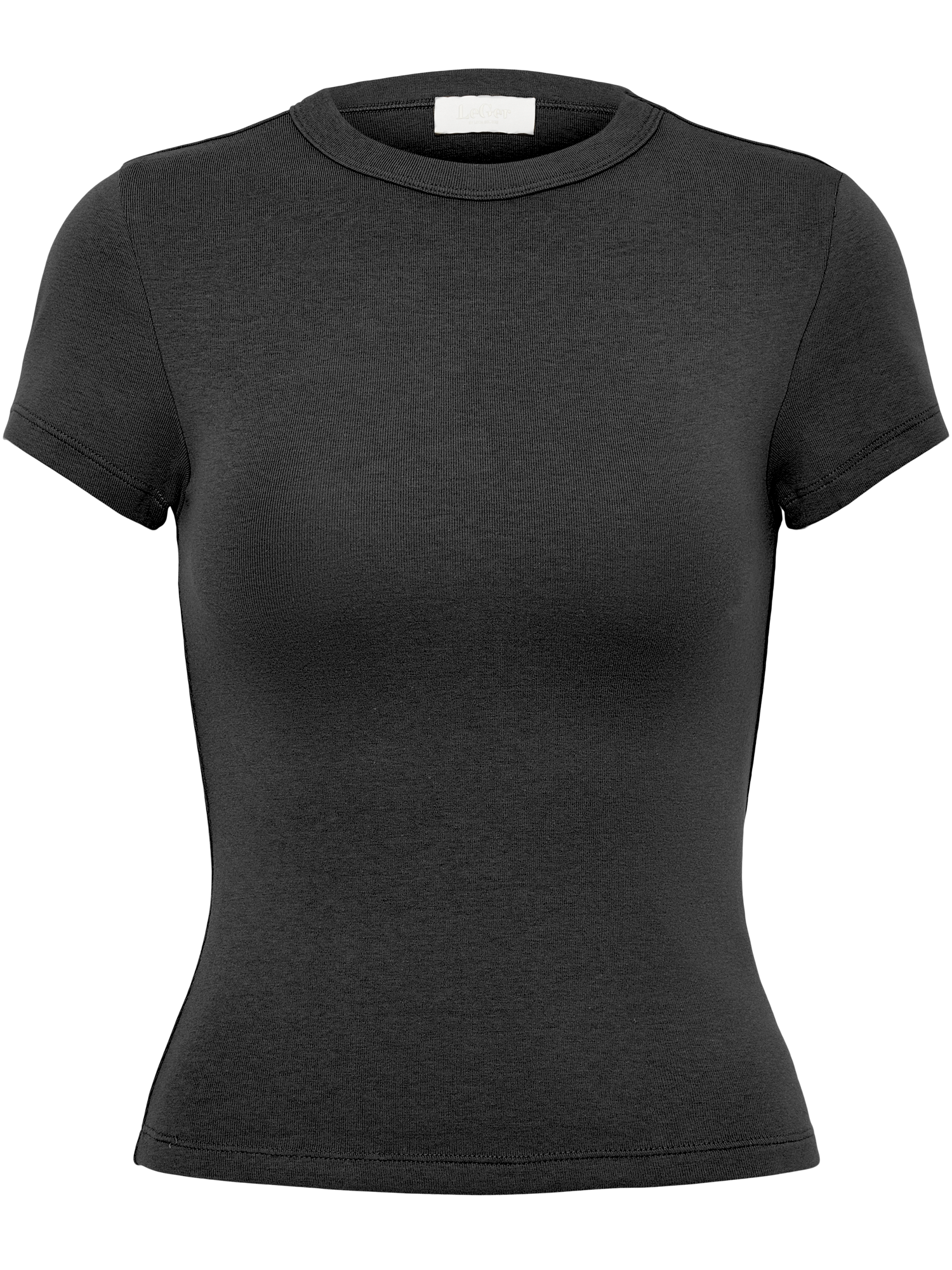 Ein figurbetontes, schwarzfarbenes „Ria“-T-Shirt mit kurzen Ärmeln von LeGer by Lena Gercke und Rundhalsausschnitt, abgebildet vor einem schlichten weißen Hintergrund.
