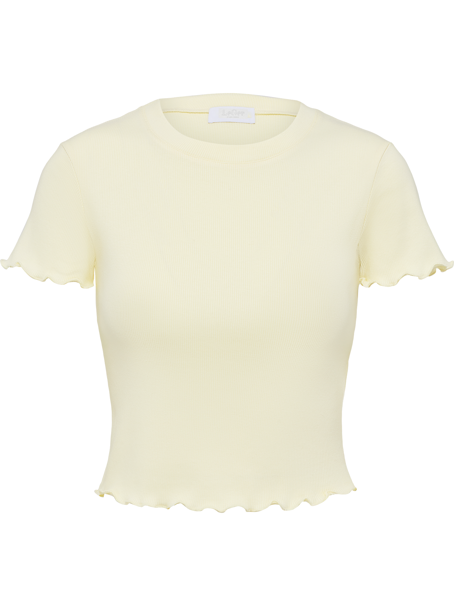 Das Teresa T-Shirt von LeGer by Lena Gercke ist ein hellgelbes Crop-Top mit schmaler Passform, gerippter Struktur, Rundhalsausschnitt und Salatkanten an den Ärmeln und am unteren Rand.
