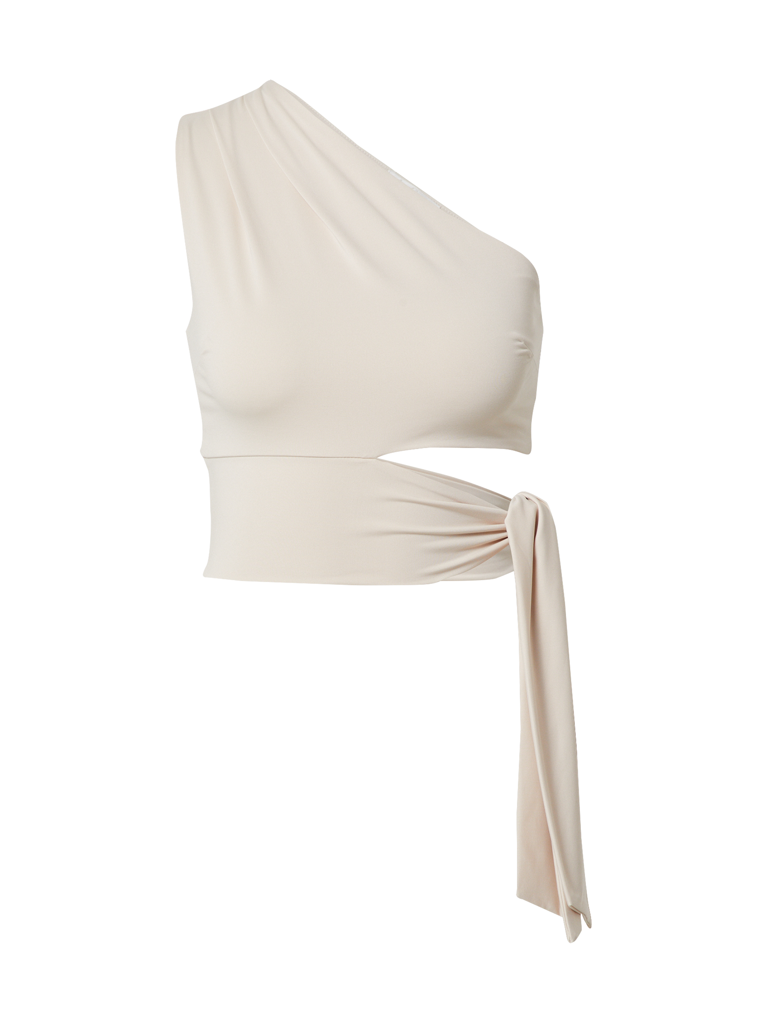 Das Leia Top von LeGer by Lena Gercke ist ein cremefarbenes, beigefarbenes One-Shoulder-Top mit einem asymmetrischen Ausschnitt und einem breiten, umlaufenden Taillenband, das auf einem einfarbig weißen Hintergrund abgebildet ist.