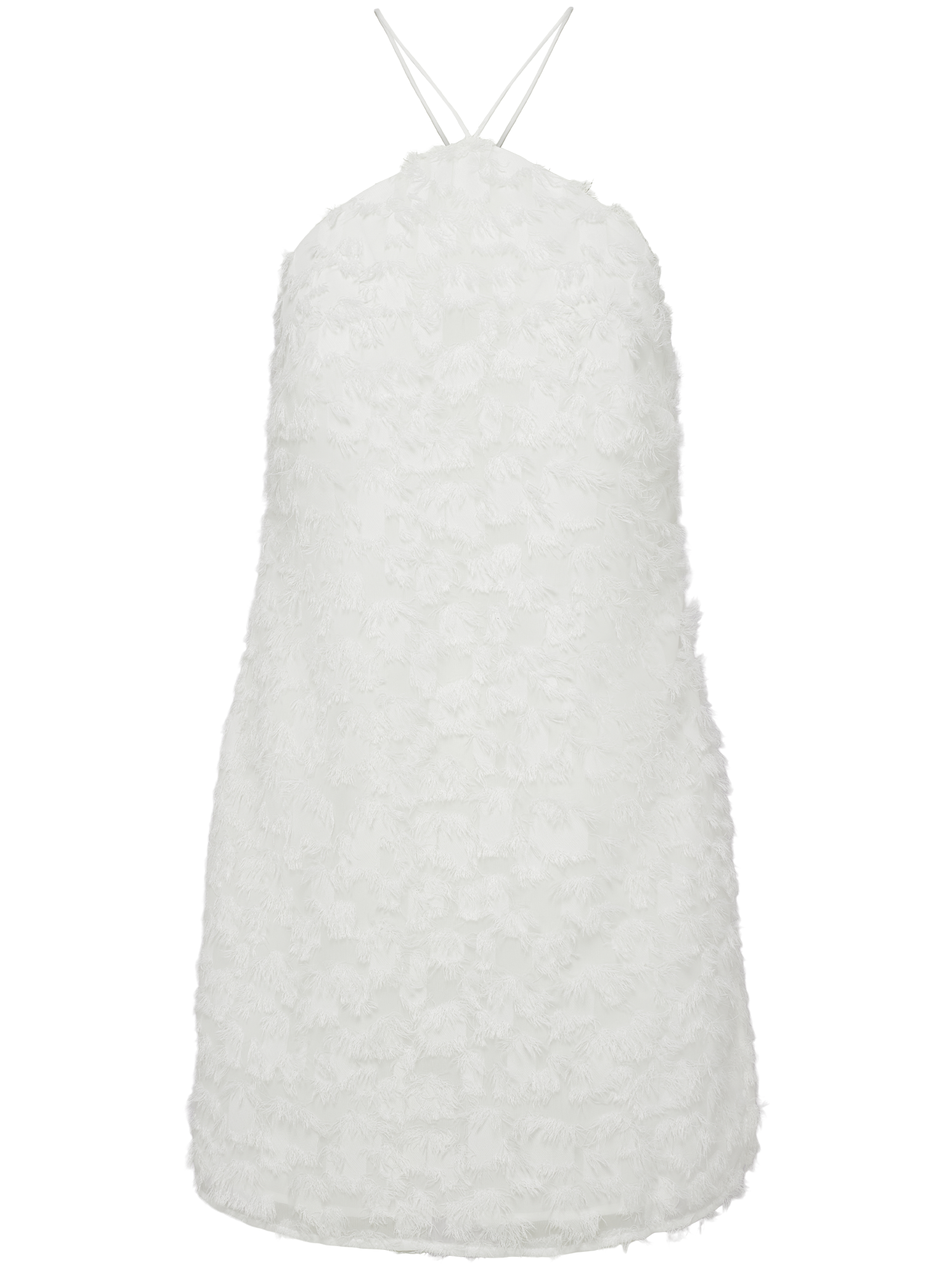 Das Maxine-Kleid von LeGer by Lena Gercke ist ein weißes, ärmelloses Neckholder-Minikleid mit einem strukturierten, flauschigen Blumenmuster auf schlichtem Hintergrund.