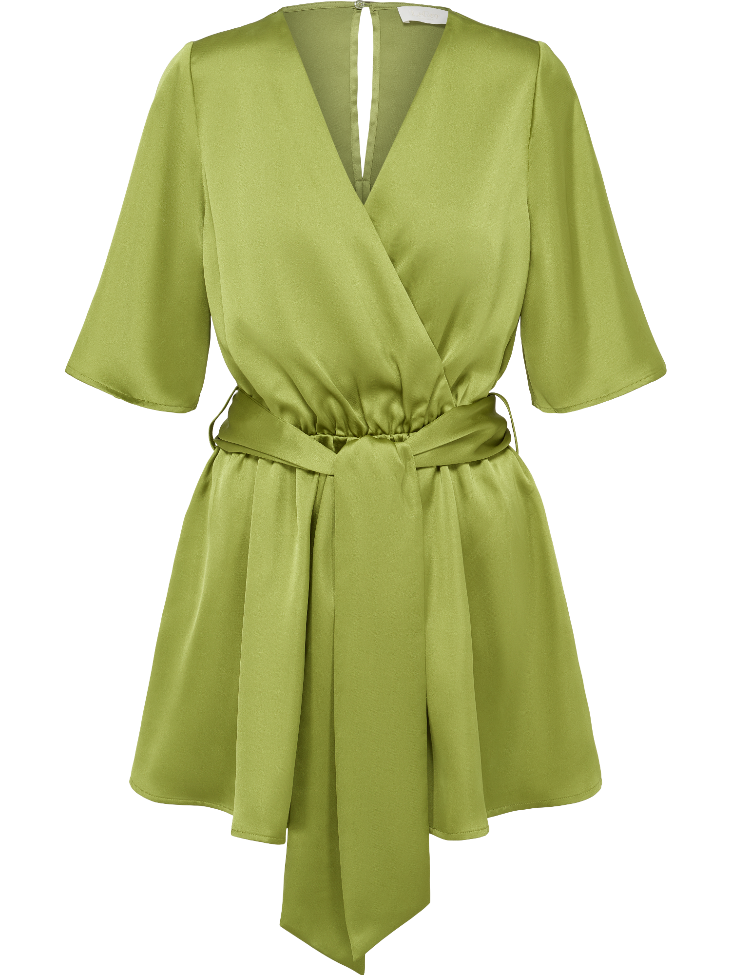 Der Alexis Overall von LeGer by Lena Gercke ist ein hellgrüner Mini-Wickelrock aus Satin mit halblangen Ärmeln, V-Ausschnitt und einer passenden breiten Schärpe an der Taille – ideal für einen herausragenden Stil in jedem Modeumfeld.