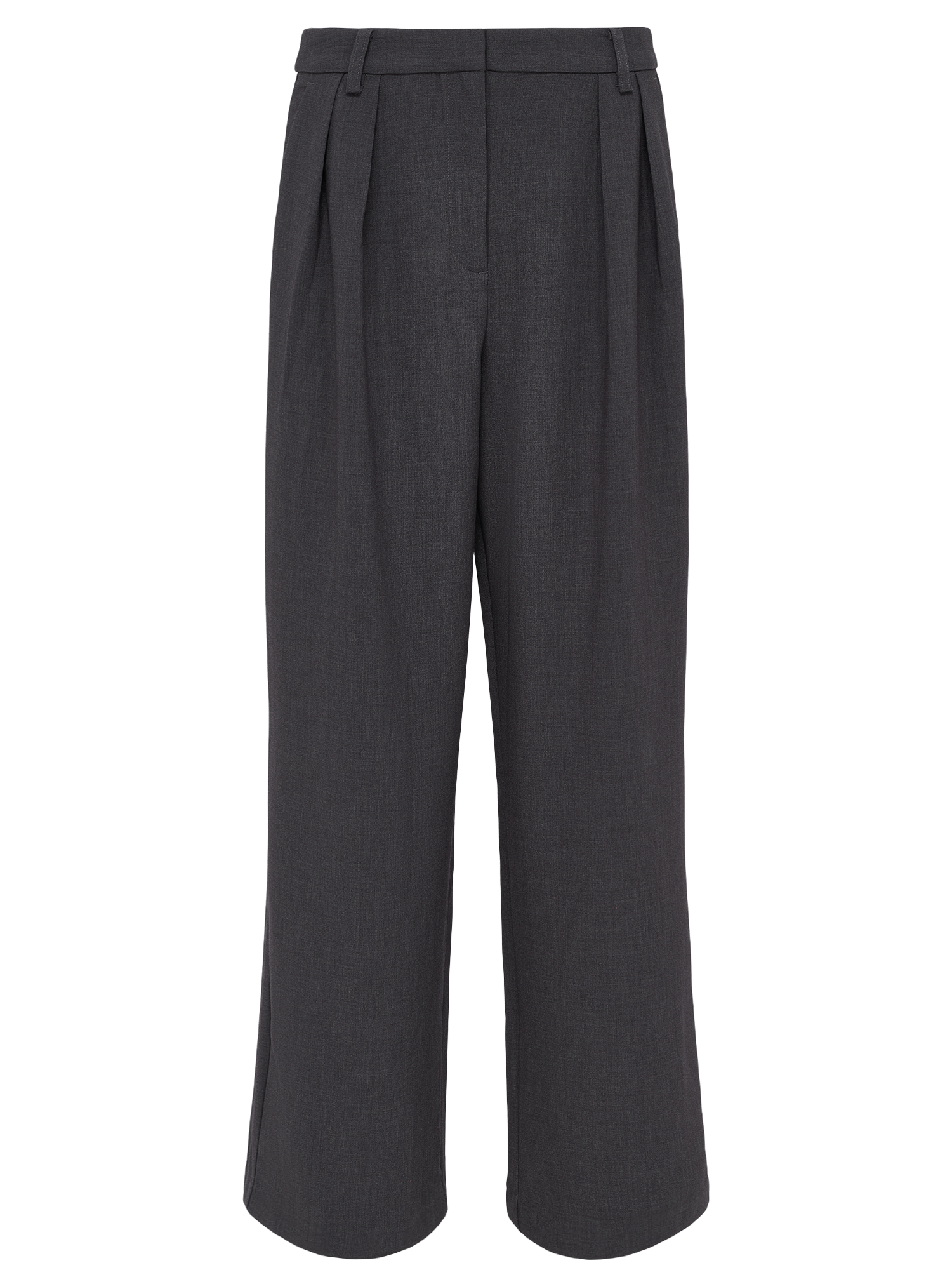 LeGer x Oh April - Franja-Hose von LeGer by Lena Gercke: Dunkelgraue Hose mit weitem Bein und hoher Taille, mit Falten vorne, Gürtelschlaufen und geradem Saum in Größe 36. Das Model ist 1,73 m groß. Abgebildet auf einfarbig weißem Hintergrund.