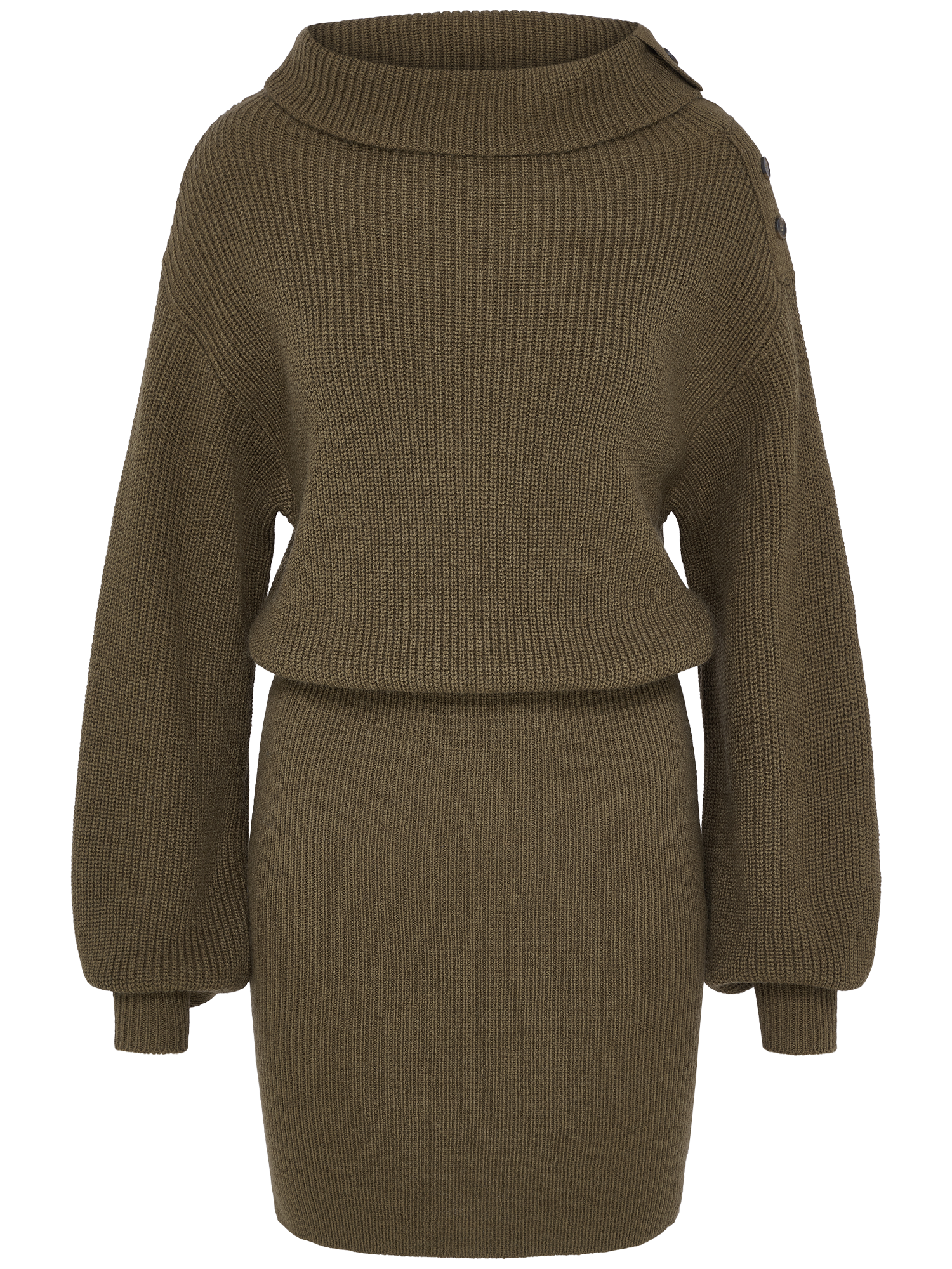 Das Cara Dress von LeGer by Lena Gercke ist ein olivgrünes, geripptes Strick-Minikleid mit langen Ärmeln, einem weiten Ausschnitt mit Schulterknöpfen und einer regulären Passform mit einem lockeren Oberteil und einem taillierten Rock.