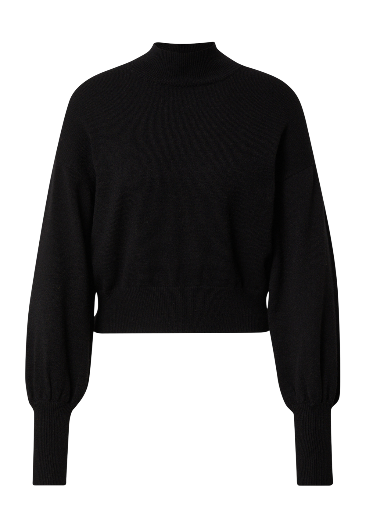 Der Pullover „Penelope“ von LeGer by Lena Gercke ist ein schlichter schwarzer Pullover mit hohem Rundhalsausschnitt, gerippten Bündchen und einer leicht verkürzten Passform.