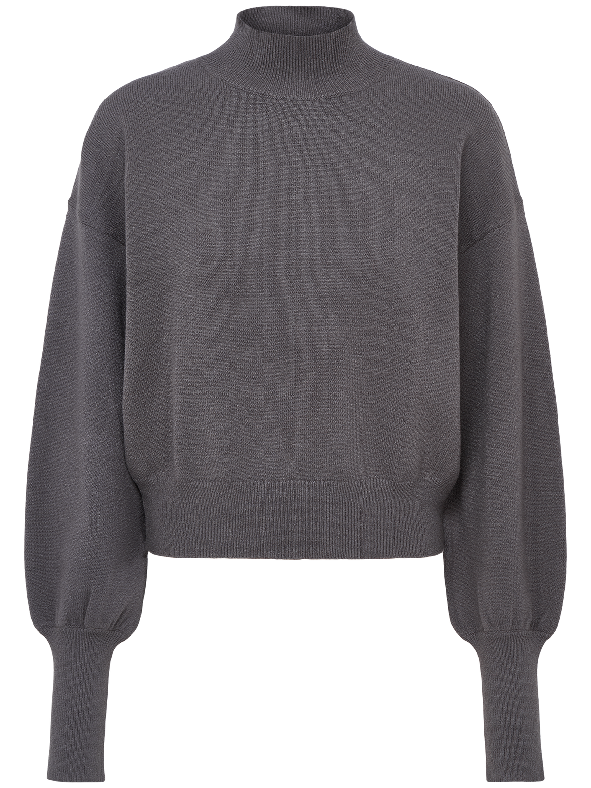 Ein schlichter, langärmeliger „Penelope“-Pullover von LeGer by Lena Gercke in Dunkelgrau mit Stehkragen sowie gerippten Bündchen und Saum, abgebildet auf weißem Hintergrund.