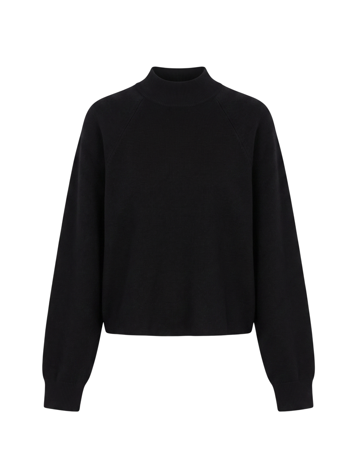 Der Pullover „Heather“ von LeGer by Lena Gercke ist ein schwarzer Pullover mit Raglanärmeln, einem Stehkragen, einer lockeren Passform sowie gerippten Bündchen und Saum. Dieser schwarze Langarmpullover wird vor einem schlichten weißen Hintergrund präsentiert.