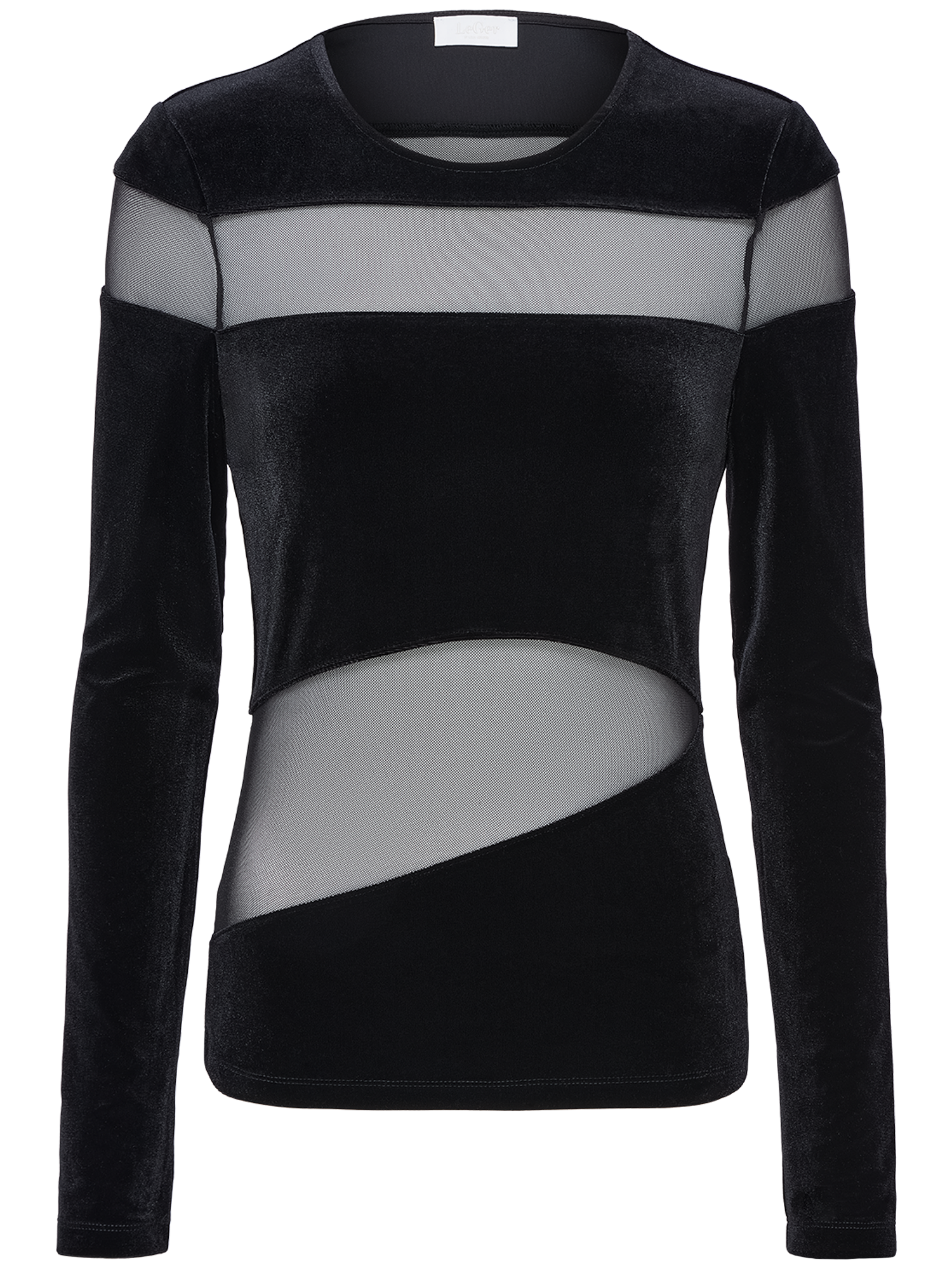Das Fray Top von LeGer by Lena Gercke ist ein schmal geschnittenes, schwarzes Longsleeve in Größe 36 mit durchsichtigen Mesh-Einsätzen an Brust, Schultern und Taille für einen asymmetrischen, modernen Stil. Das Material ähnelt Samt oder Velours.