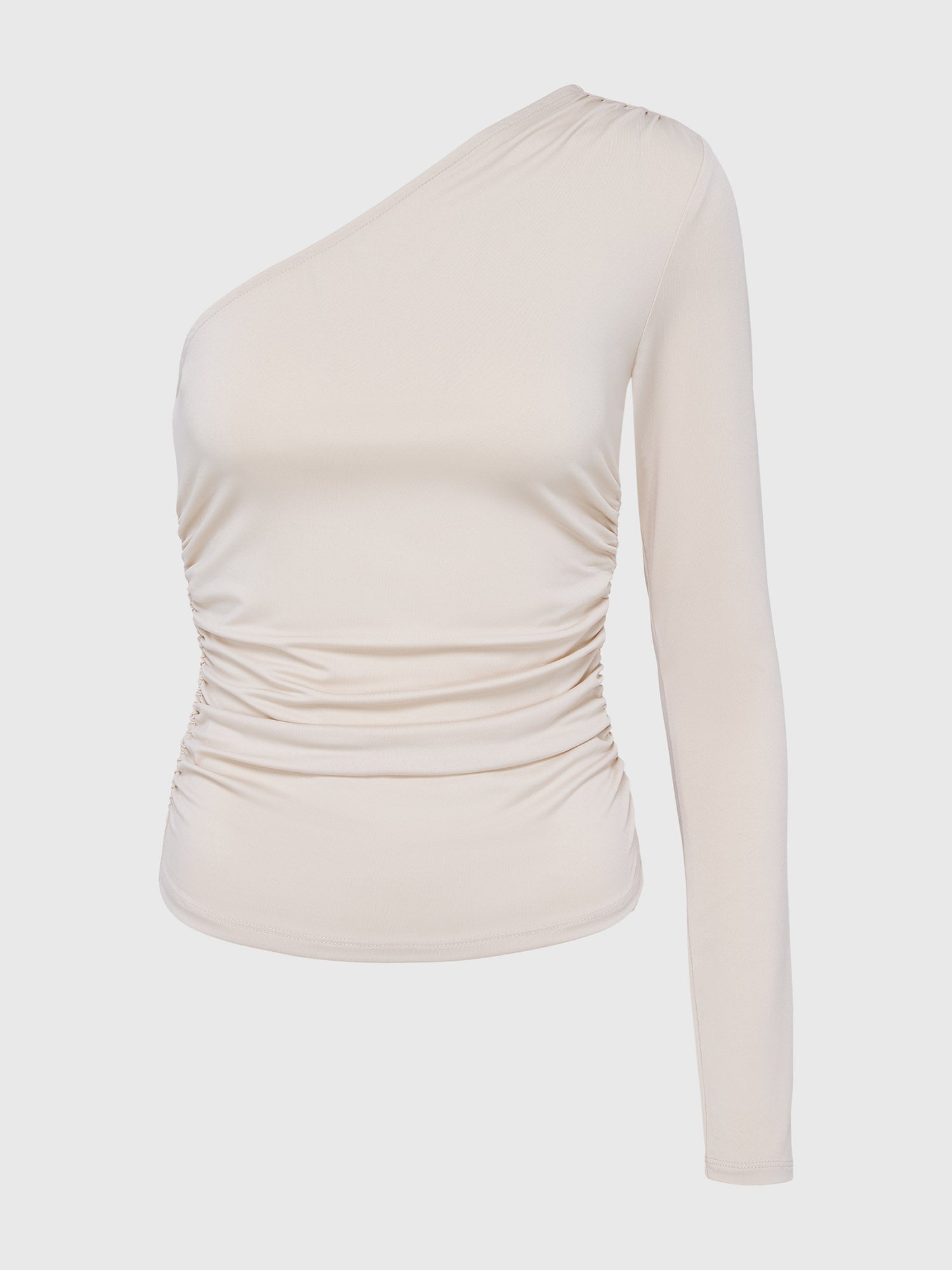 Das LeGer by Lena Gercke Sophia Top ist ein beigefarbenes, schulterfreies Longsleeve mit gerüschten Seiten und einer schmalen Passform in Größe 36, abgebildet auf einem einfarbig weißen Hintergrund.