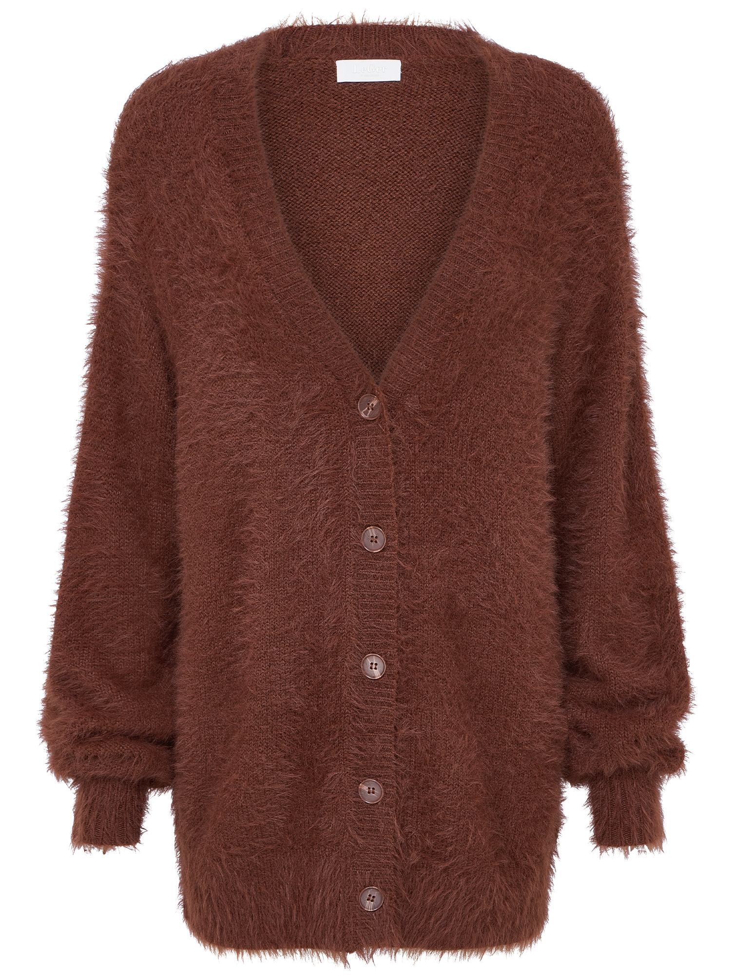 Der Celestine Cardigan von LeGer by Lena Gercke ist ein brauner, flauschiger Button-up mit lockerer Passform, langen Ärmeln, tiefem V-Ausschnitt und gerippten Bündchen und Saum.