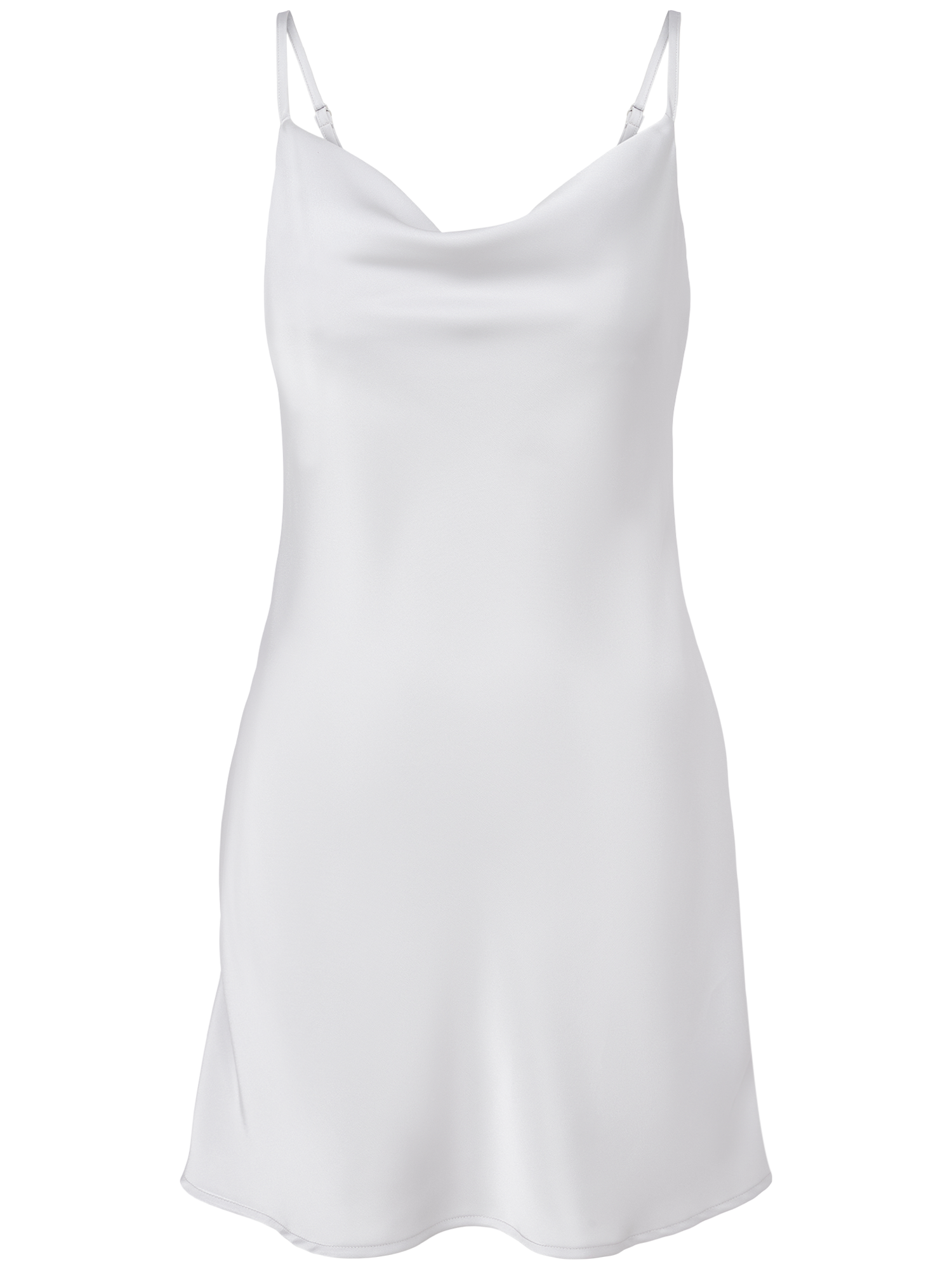 Das Letizia Dress von LeGer by Lena Gercke ist ein weißes Mini-Slip-Kleid aus Satin mit schmaler Passform, dünnen Spaghetti-Trägern, einem Kuttenausschnitt und einer glatten, leicht ausgestellten Silhouette, die sich vor einem schlichten weißen Hintergrund zeigt.
