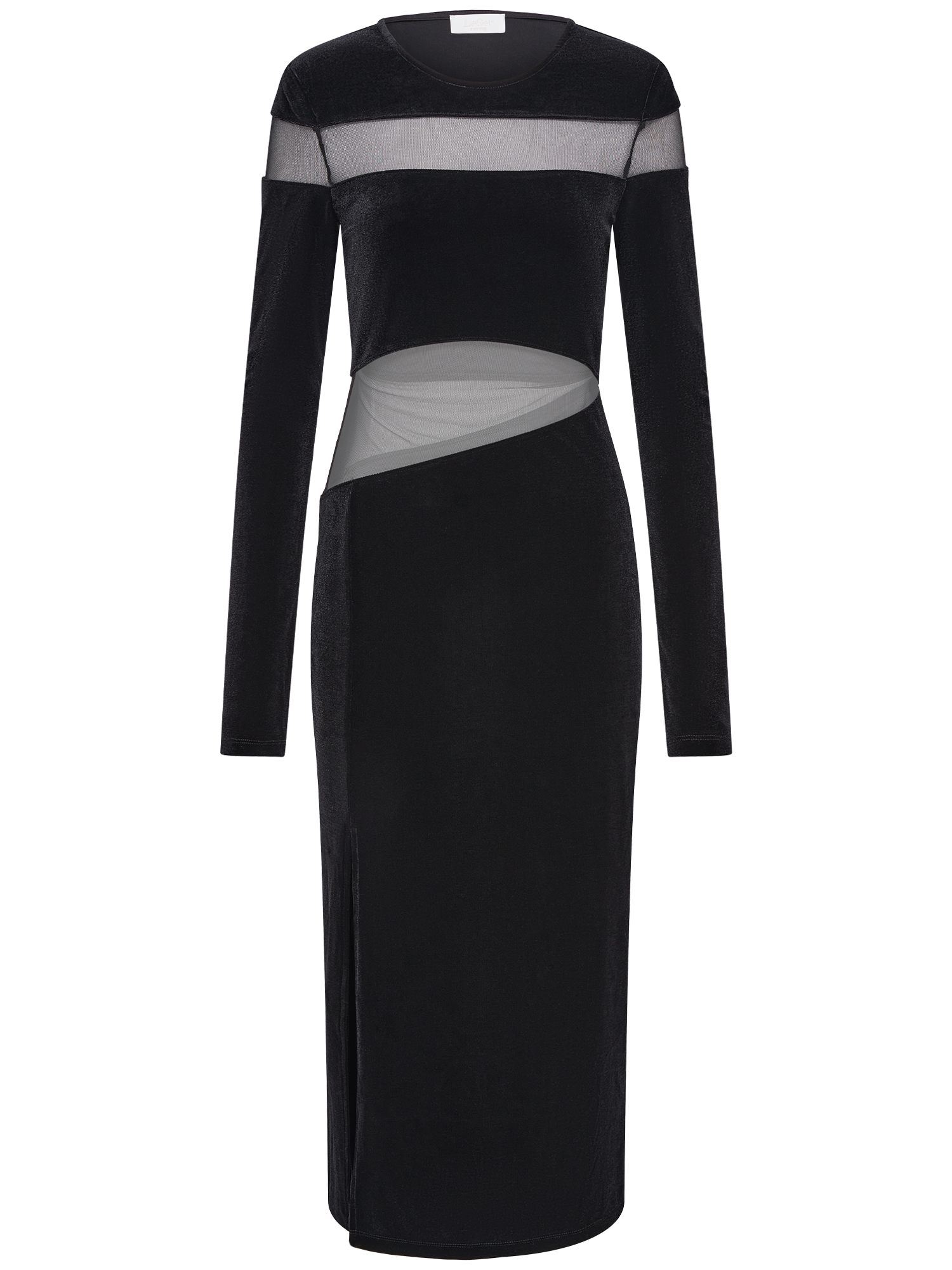Das Fray Dress von LeGer by Lena Gercke ist ein schwarzes Midikleid mit durchsichtigen Mesh-Einsätzen an Schultern und Taille, einem asymmetrischen Hüftausschnitt und einer schmalen 7/8-langen Silhouette.