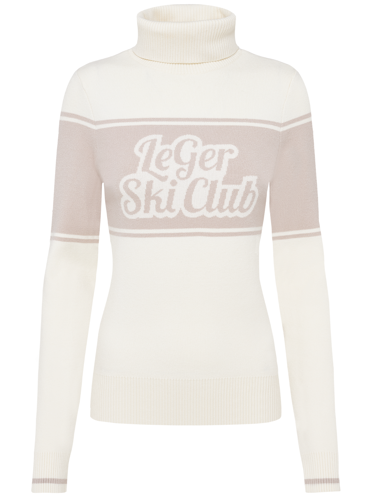 Der Elna Pullover von LeGer by Lena Gercke ist ein cremefarbener Rollkragenpullover mit beigen Einsätzen und dem Schriftzug "Le Ger Ski Club" auf der Brust. Lange Ärmel, Standardlänge. Größe 36 verfügbar.