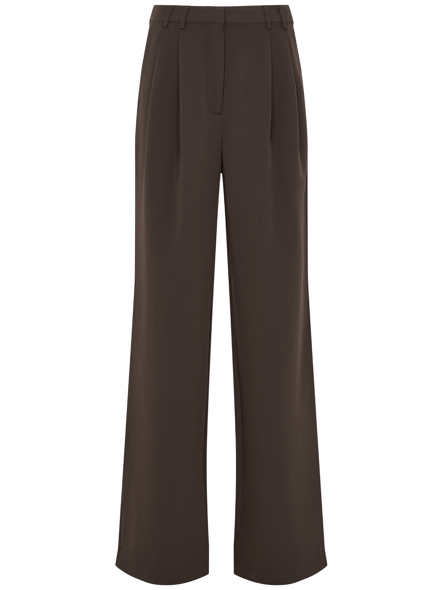 LeGer x Purelei - Athina Pants Tall von LeGer by Lena Gercke: Braune Hose mit weitem Bein, Bundfalten, Gürtelschlaufen und verdecktem Verschluss in Größe 38. Maxi-Länge auf weißem Hintergrund; das Model ist 1,79 m groß.