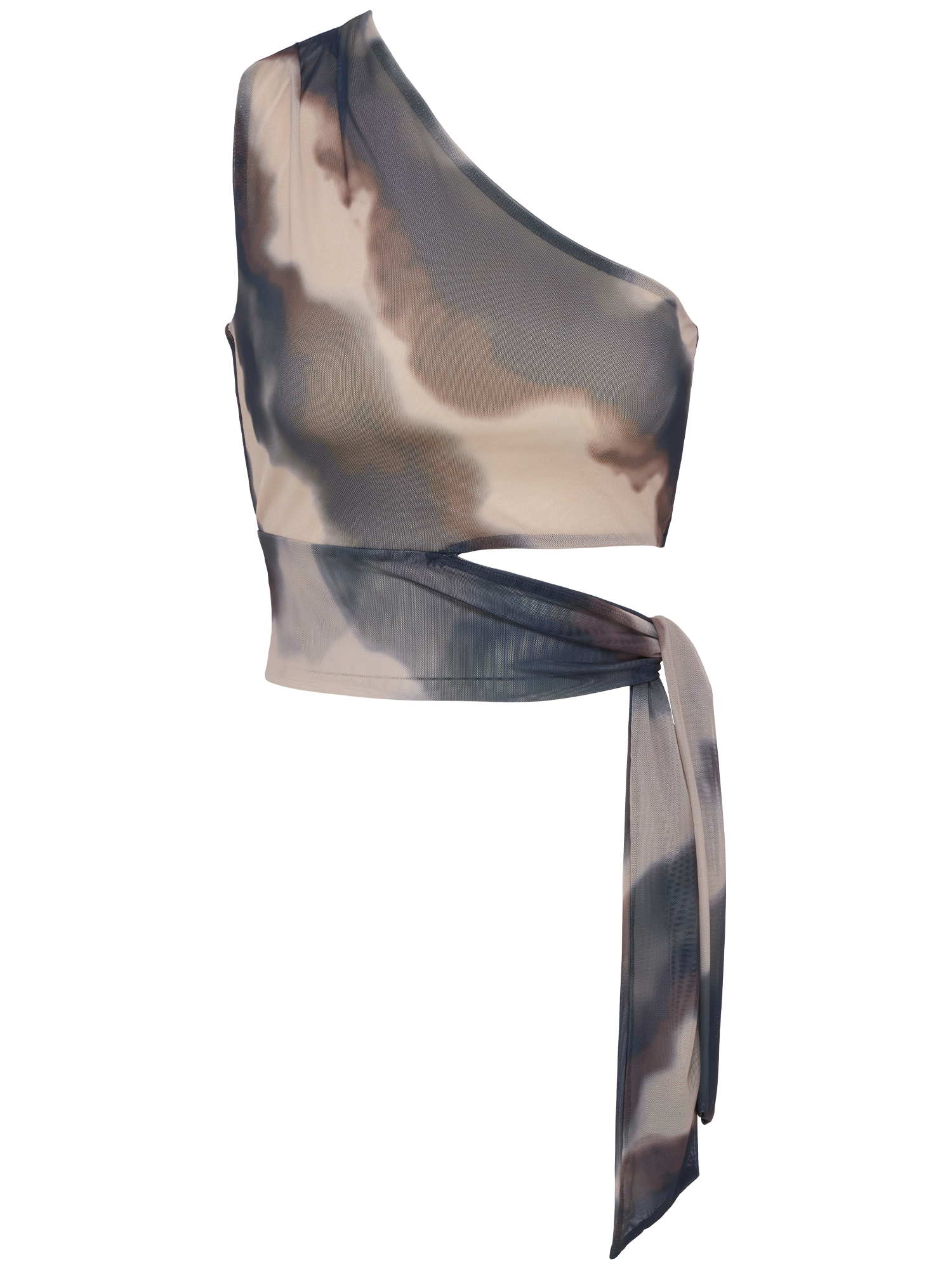 Das Floria Top von LeGer by Lena Gercke ist ein figurbetontes, ärmelloses Crop-Top mit einem abstrakten Print in Schwarz, Grau und Beige, einem asymmetrisch kurzen Schnitt und einem langen Bindeband in der Taille.