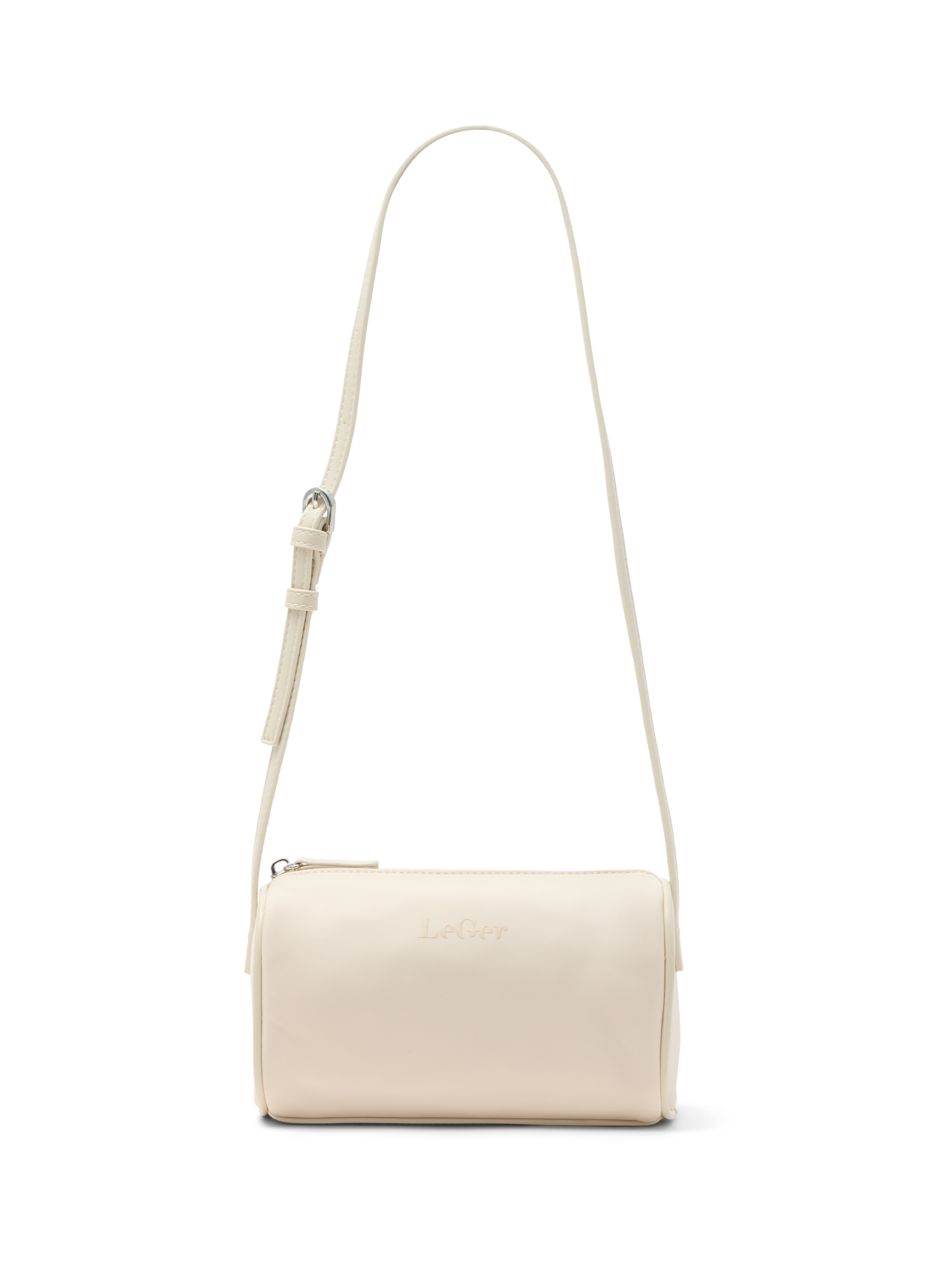 Die Georgia Bag von LeGer by Lena Gercke ist eine kleine, rechteckige, cremefarbene Crossbody-Tasche mit einem verstellbaren Riemen und einem Reißverschluss an der Oberseite, die auf einem schlichten weißen Hintergrund abgebildet ist.