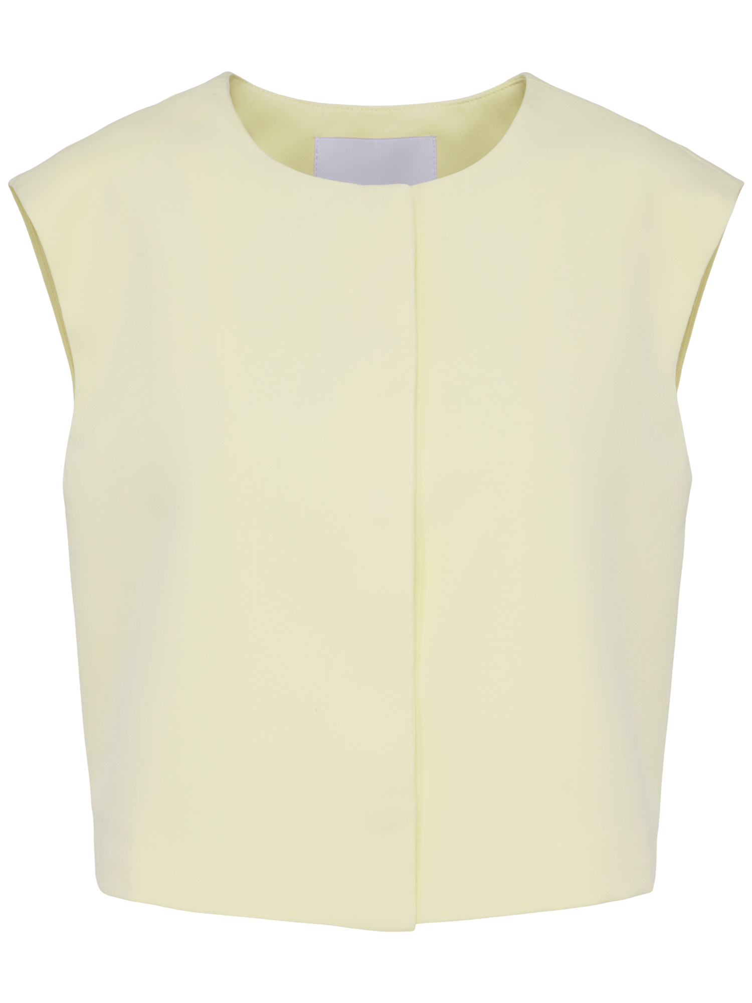 Die Carina Vest von LeGer by Lena Gercke ist eine ärmellose, hellgelbe Weste mit Rundhalsausschnitt und minimalistischer Vorderseite, abgebildet in Größe 36 (Passform Normal) vor einem schlichten weißen Hintergrund - ein Essential in der Damenmode.