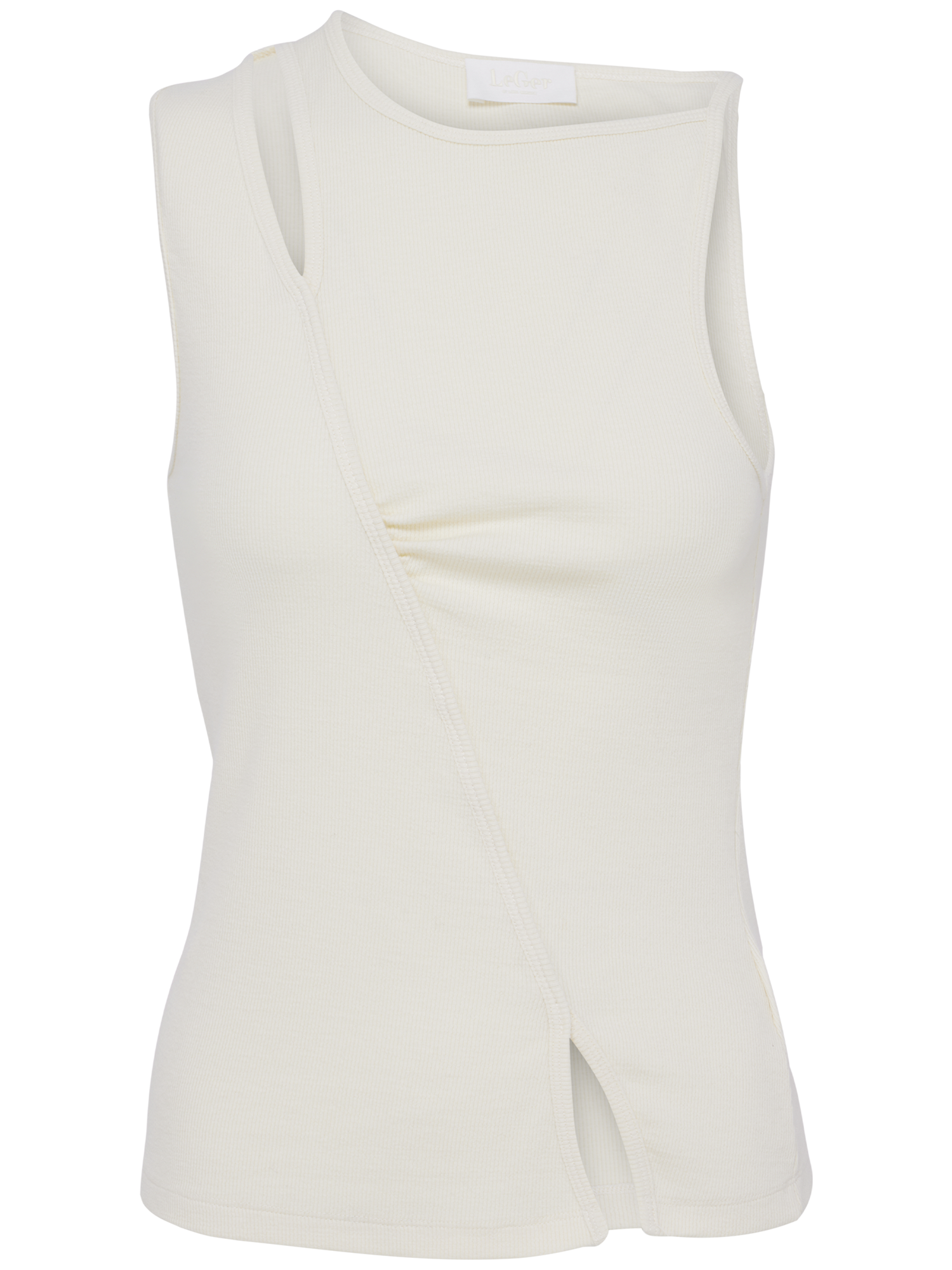 Das Ayana Top von LeGer by Lena Gercke ist ein schmal geschnittenes, ärmelloses Rib-Tanktop in Ivory, Größe 36, mit asymmetrischer Naht und kleinem Frontschlitz. Rundhalsausschnitt und elastisches Material bieten hohen Tragekomfort.