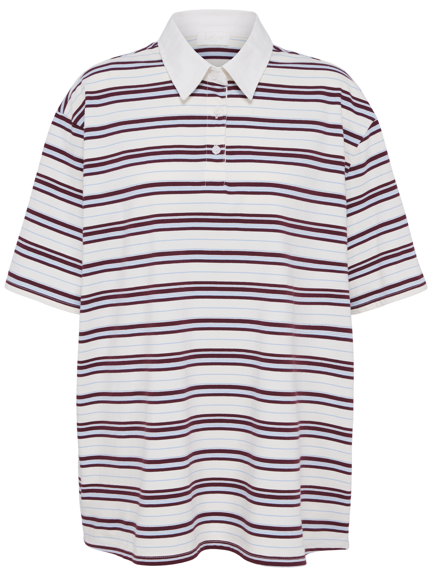Das Cora T-Shirt von LeGer by Lena Gercke ist ein kurzärmeliges Polo mit weißem Grundton, horizontalen kastanienbraunen und schwarzen Streifen sowie einem weißen Kragen und einer Knopfleiste.