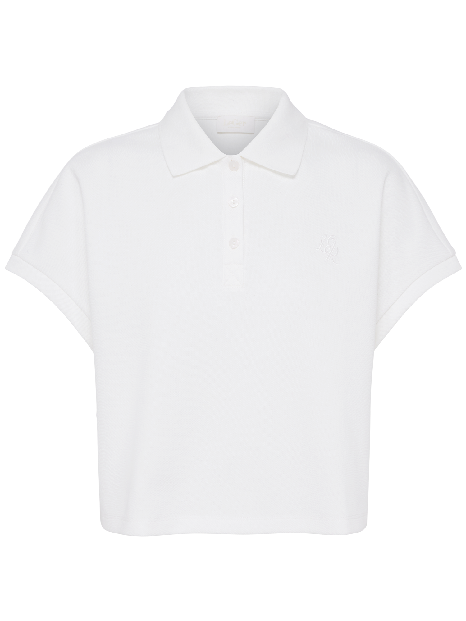 Das Mona Top von LeGer by Lena Gercke ist ein weißes Kurzarm-Poloshirt in Größe 36 mit Kragen, drei Knöpfen und dezent gesticktem Logo auf der linken Brust. Der entspannte Schnitt sorgt für angenehmen Tragekomfort.