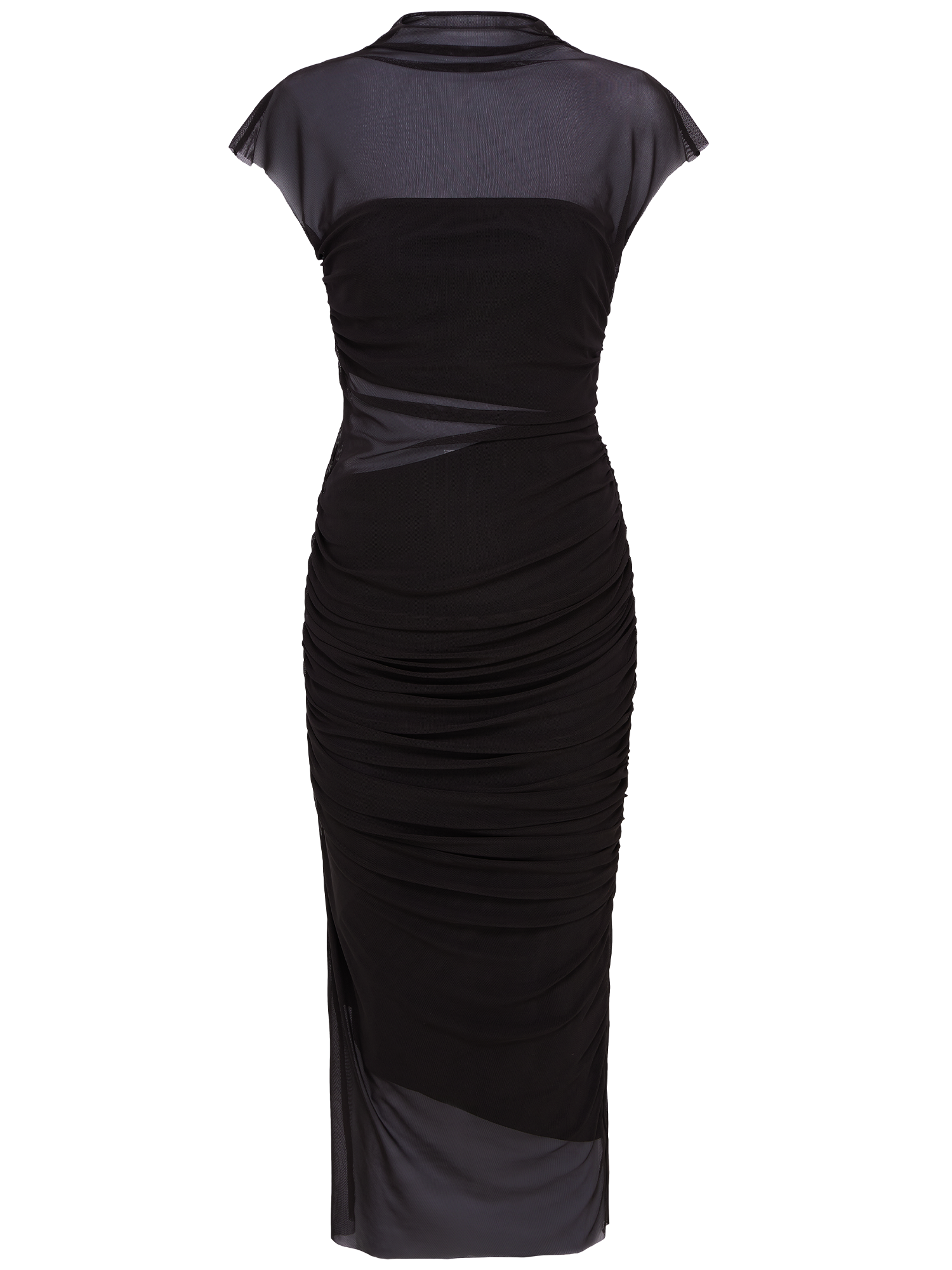 Das Rita Dress von LeGer by Lena Gercke ist ein schmal geschnittenes, schwarzes Midi-Kleid aus Mesh mit Kurzarm, Raffung und transparentem Oberteil, präsentiert vor weißem Hintergrund.