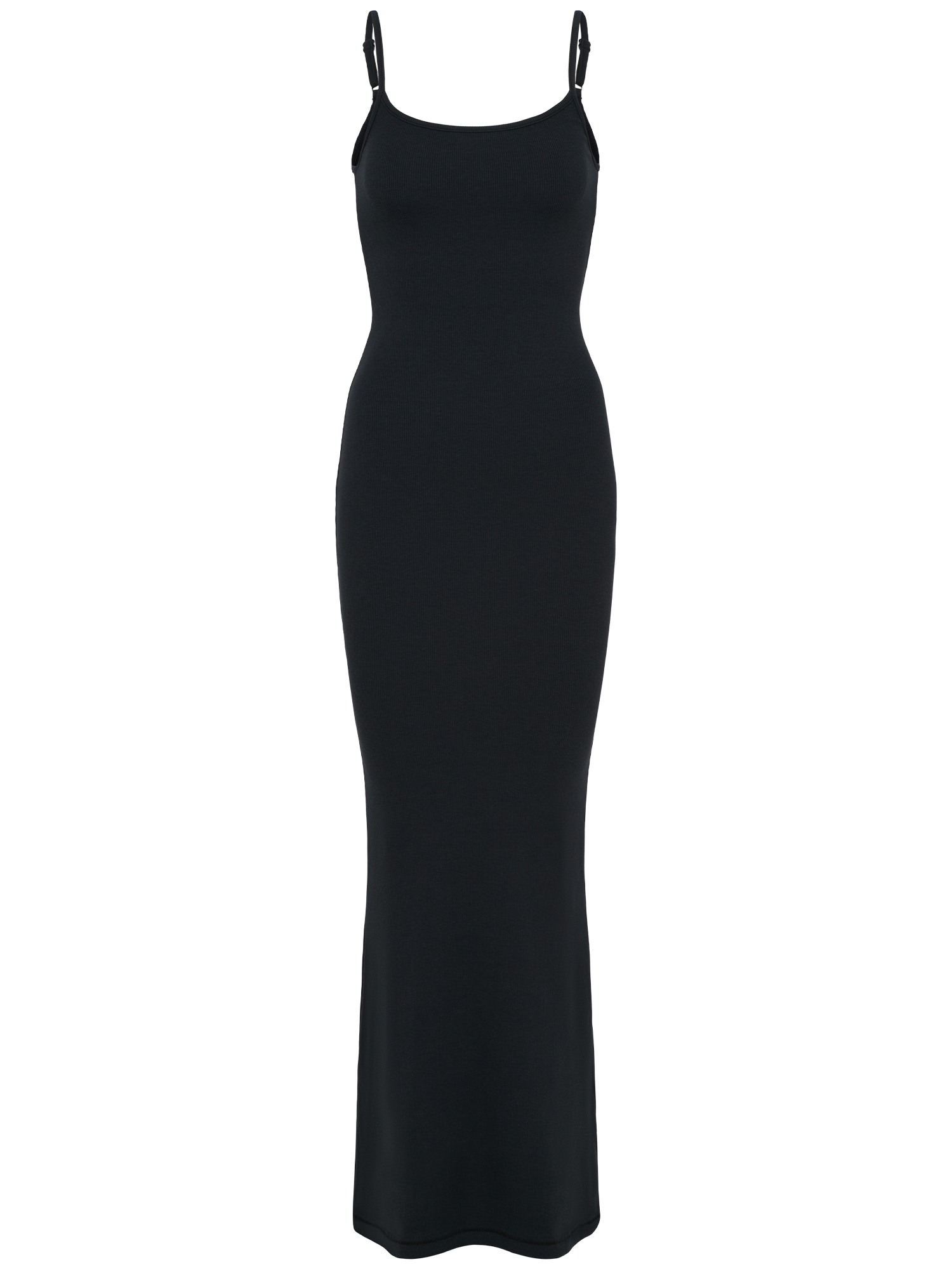 Das Corin Dress von LeGer by Lena Gercke ist ein langes, schwarzes Maxikleid mit dünnen Spaghettiträgern, einem U-Ausschnitt und einer geraden, schmalen Silhouette, das auf einem schlichten weißen Hintergrund gezeigt wird.