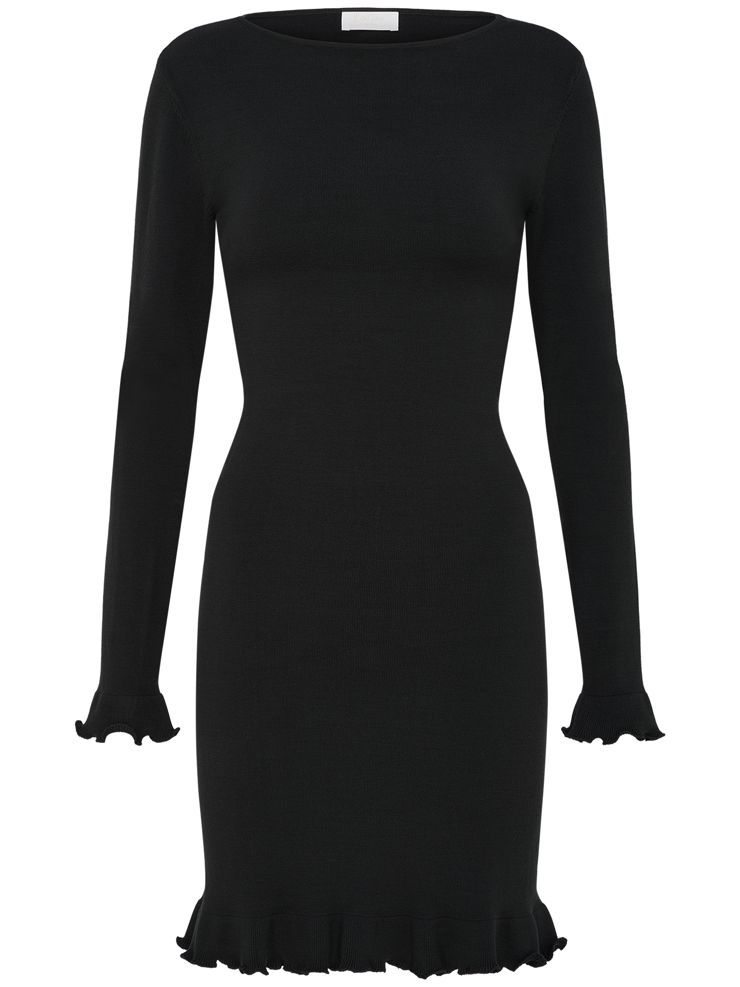 Das Marlen Dress von LeGer by Lena Gercke ist ein schmal geschnittenes, langärmeliges, schwarzes Minikleid mit gerüschten Manschetten und Saum, das auf einem schlichten weißen Hintergrund gezeigt wird.