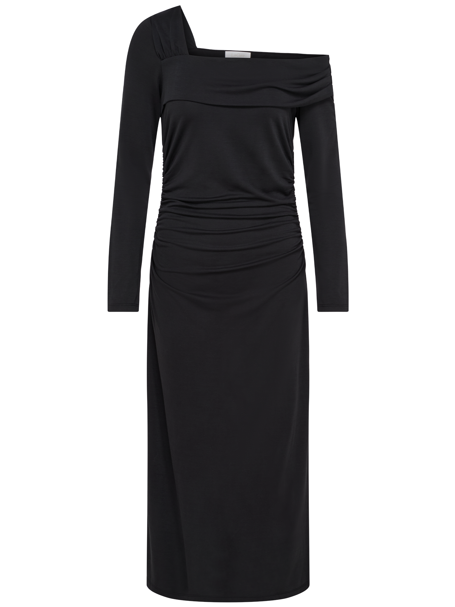 Das Chayenne Dress von LeGer by Lena Gercke ist ein schwarzes Midikleid mit extralangen Ärmeln, einem asymmetrischen Ausschnitt, gerafften Taillen- und Schulterdetails, einer schmalen Passform und einem schicken drapierten Design.