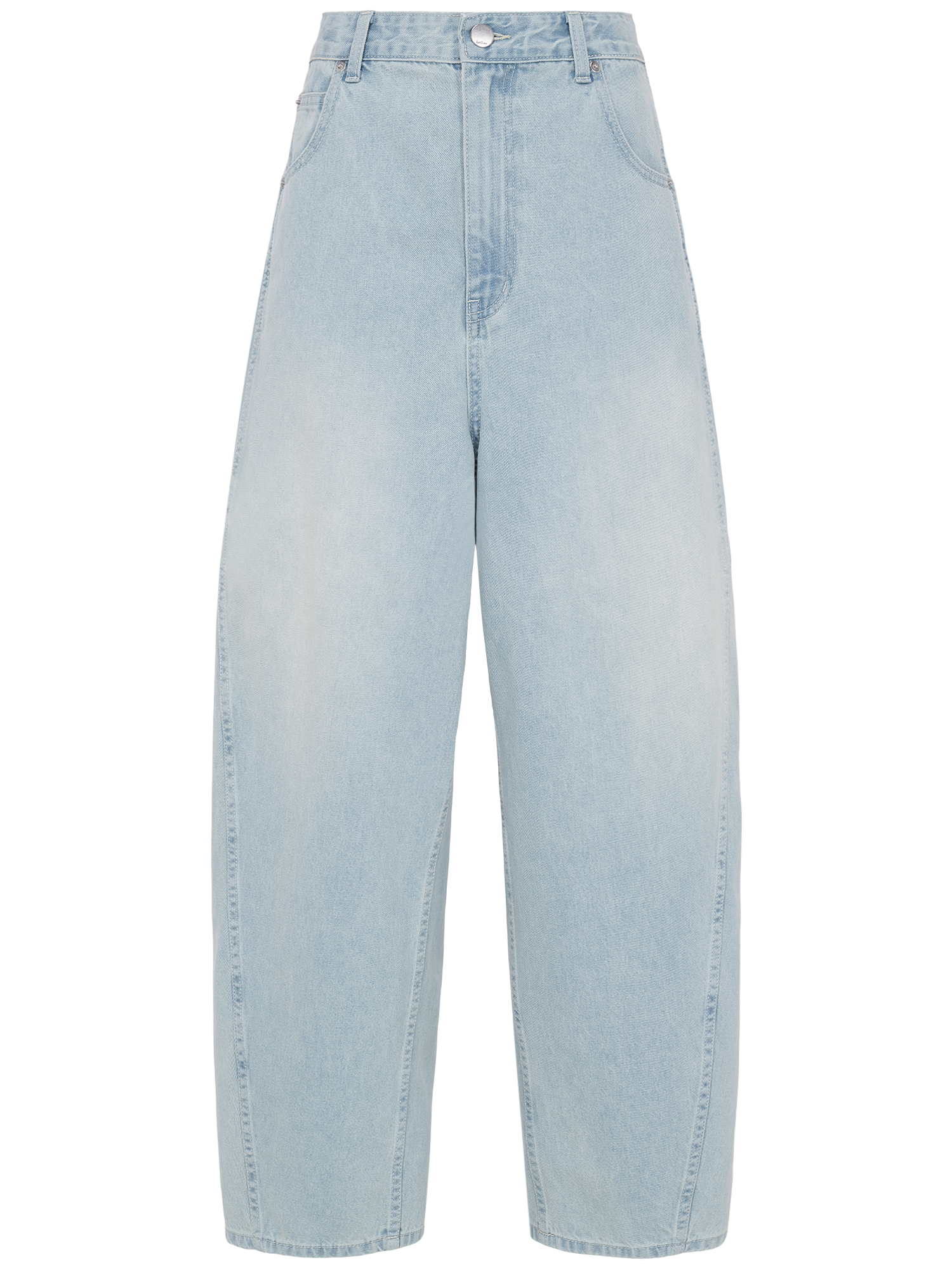 Die Eilika Pants von LeGer by Lena Gercke ist eine hellblaue Denim-Jeans mit hoher Taille und weitem Bein in Größe 36. Sie hat einen Knopf- und Reißverschluss, Vordertaschen und eine leicht verblasste Waschung, die sich auf weißem Hintergrund zeigt.