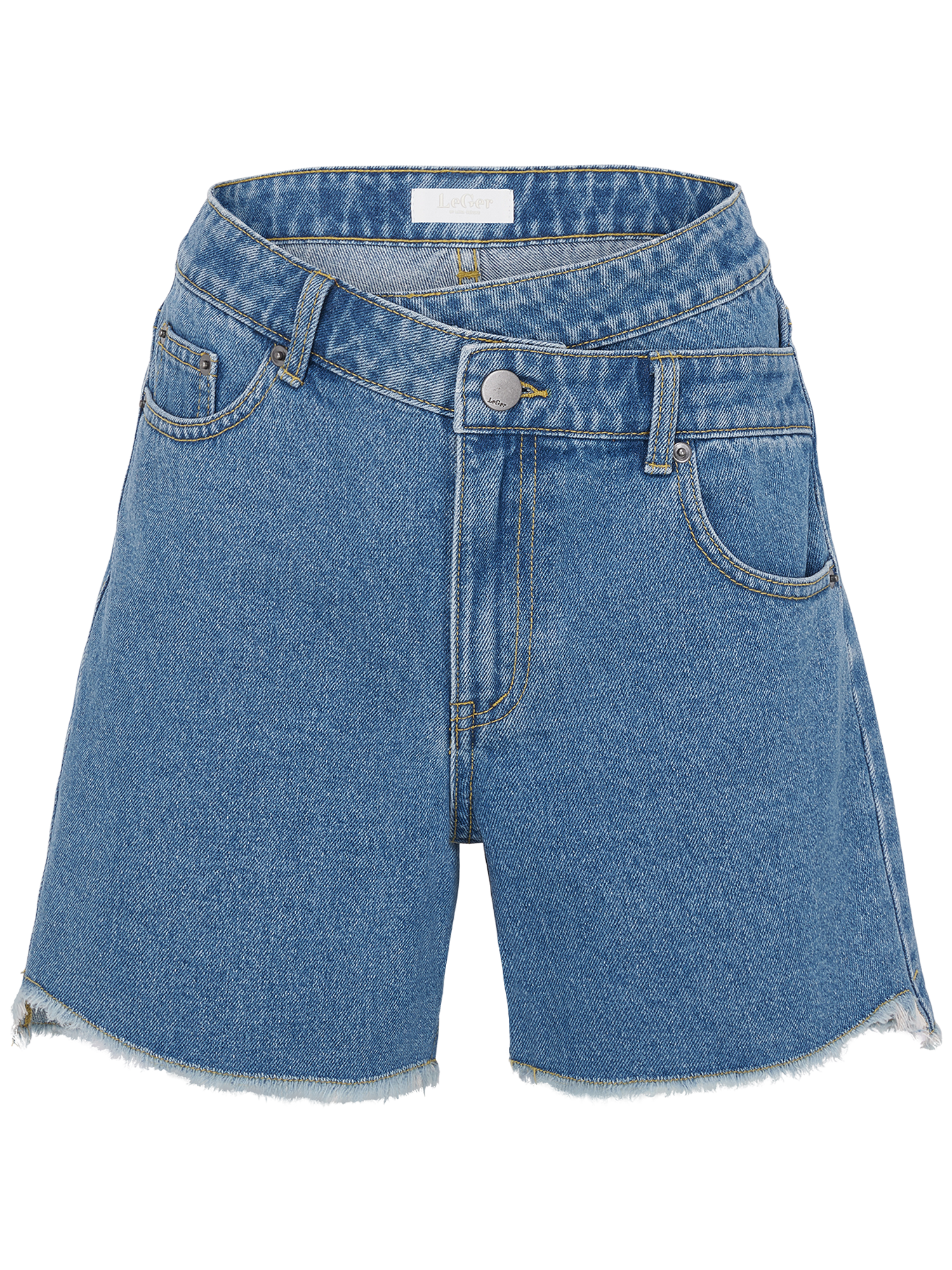 Die Shirin Shorts von LeGer by Lena Gercke sind blaue, hochtaillierte Denim-Mini-Shorts in Größe 36 mit Knopf- und Reißverschluss, Taschen vorne und hinten und ausgefransten Säumen. Die stylischen kurzen Shorts sind auf einem schlichten weißen Hintergrund abgebildet.
