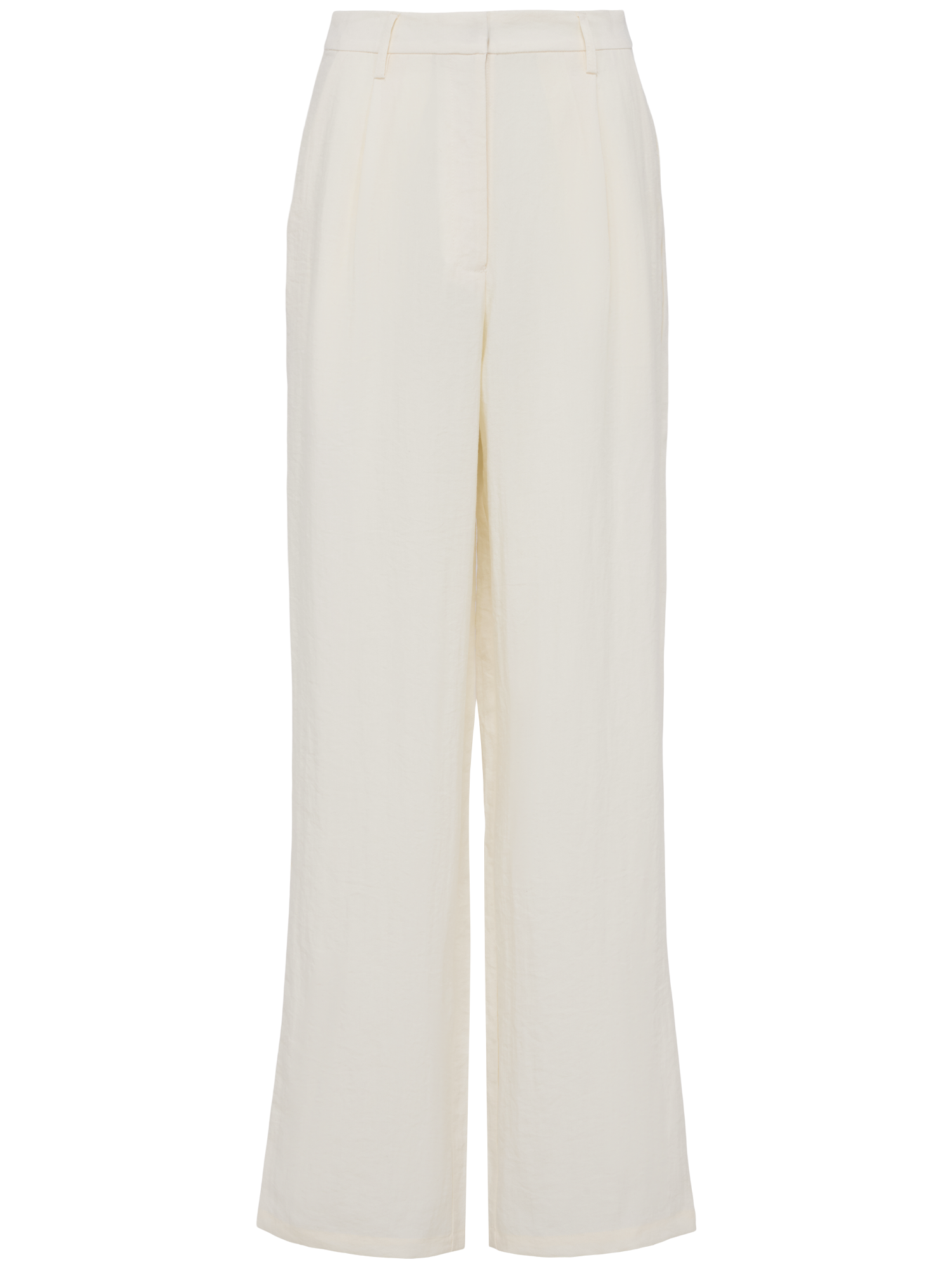 Die Thorina Pants Tall von LeGer by Lena Gercke ist eine cremefarbene Hose mit hoher Taille, weitem Bein, Bügelfalten und Gürtelschlaufen in Größe 38, abgebildet auf einem unifarbenen weißen Hintergrund. Größe des Models: 1,79m.