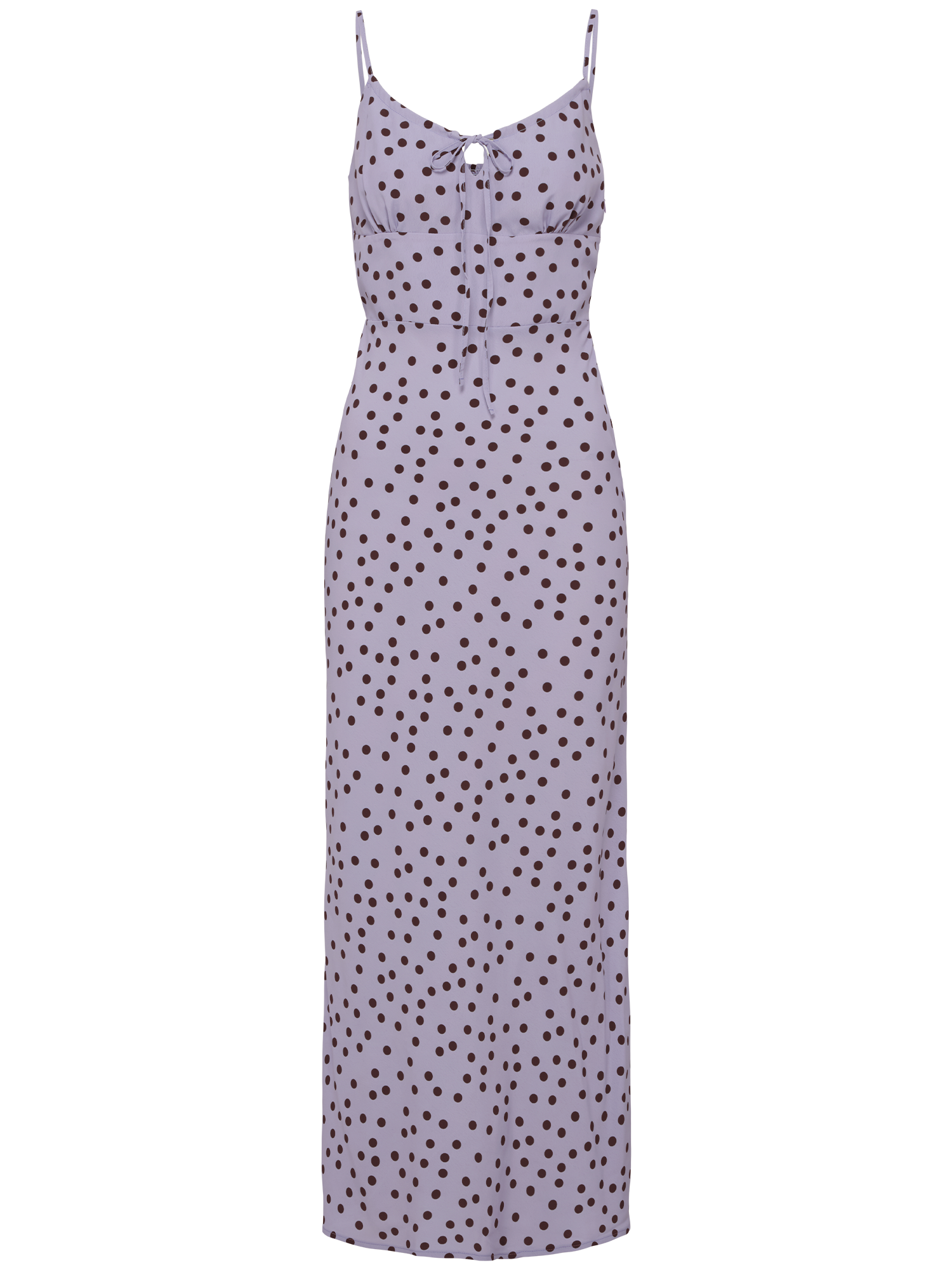 Das Fleur Dress von LeGer by Lena Gercke ist ein ärmelloses, lavendelfarbenes Kleid mit dünnen Trägern und schwarzen Tupfen. Es hat ein tailliertes Oberteil, einen Ausschnitt auf der Vorderseite und ein Bindedetail - ideal für Ihren Sommerlook.