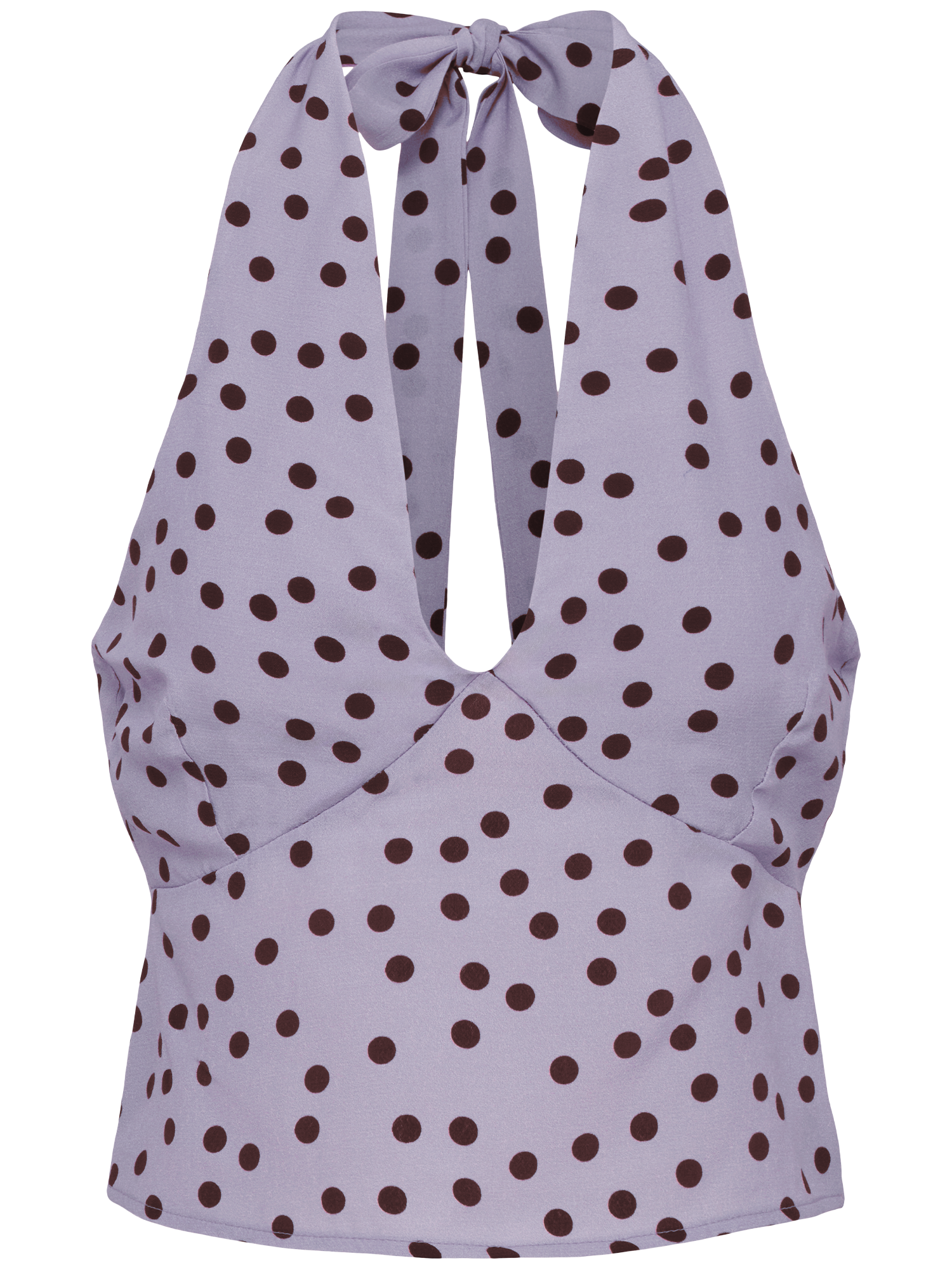 Das Fleur Top von LeGer by Lena Gercke ist ein lavendelfarbenes Damen Oberteil im Neckholder-Stil mit tiefem V-Ausschnitt, dunkelbraunen Tupfen und einem Nackenband - perfekt als schickes Sommer Top.