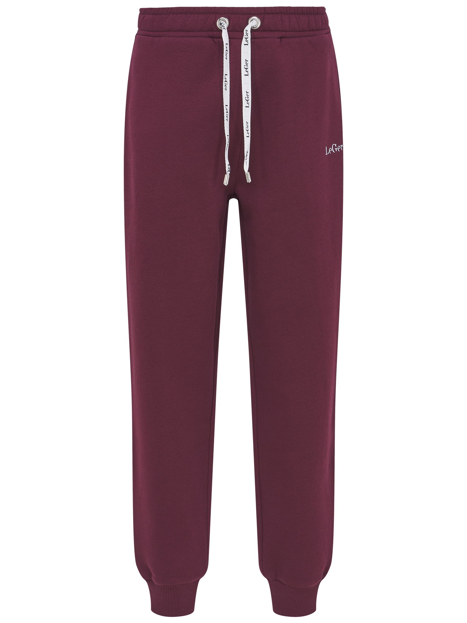 Burgunderrote Jogginghose mit elastischen Bündchen an den Beinenden und am Bund, weißen Kordeln sowie einem kleinen weißen „LeGer by Lena Gercke“-Logo auf dem linken Oberschenkel, die eine schmeichelhafte Silhouette zaubert – ähnlich wie unser beliebtes Modell „Nela“.
