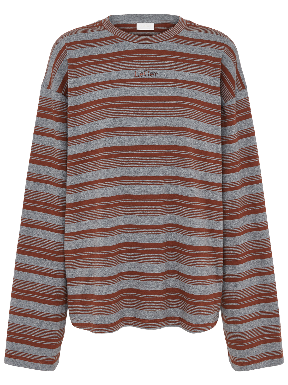 Das Langarmshirt „Vivian“ von LeGer by Lena Gercke ist ein Shirt mit Rundhalsausschnitt und langen Ärmeln, das sich durch grau-braune Streifen und das gestickte „LeGer“-Logo auf der Brust auszeichnet.