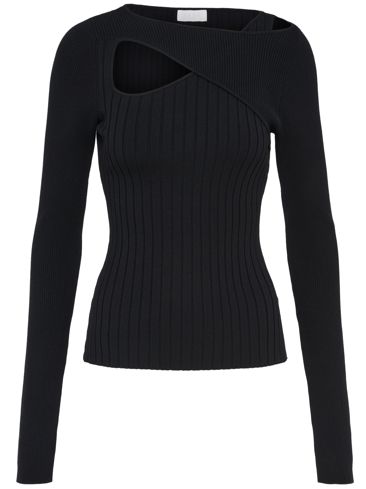 Der „Selina“-Pullover von LeGer by Lena Gercke ist ein schwarzer Rippstrickpullover mit langen Ärmeln, einem asymmetrischen Ausschnitt und einem eleganten Cut-out-Detail über einer Schulter.