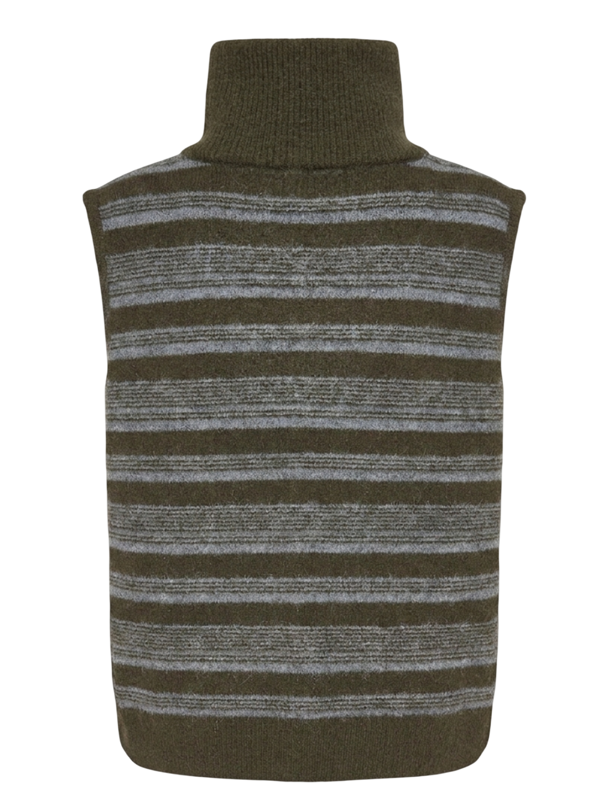 Die Strickweste „Nadia“ von LeGer by Lena Gercke ist eine ärmellose Strickweste mit hohem Rollkragen, die sich durch horizontale graue und olivgrüne Streifen auf einfarbigem Hintergrund auszeichnet.