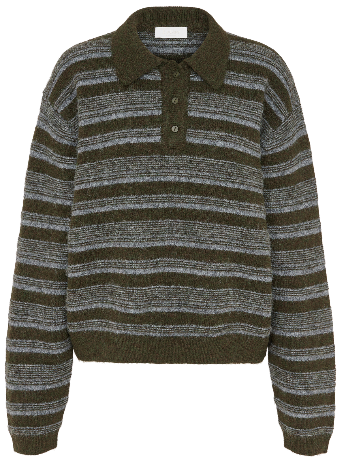 Selbstverständlich! Hier ist der überarbeitete Satz unter Verwendung Ihrer Produktdaten: Der langärmelige Pullover „Delia“ von LeGer by Lena Gercke besticht durch olivgrüne Streifen und graue Querstreifen, einen klassischen Hemdkragen sowie drei Knöpfe an der vorderen Knopfleiste.