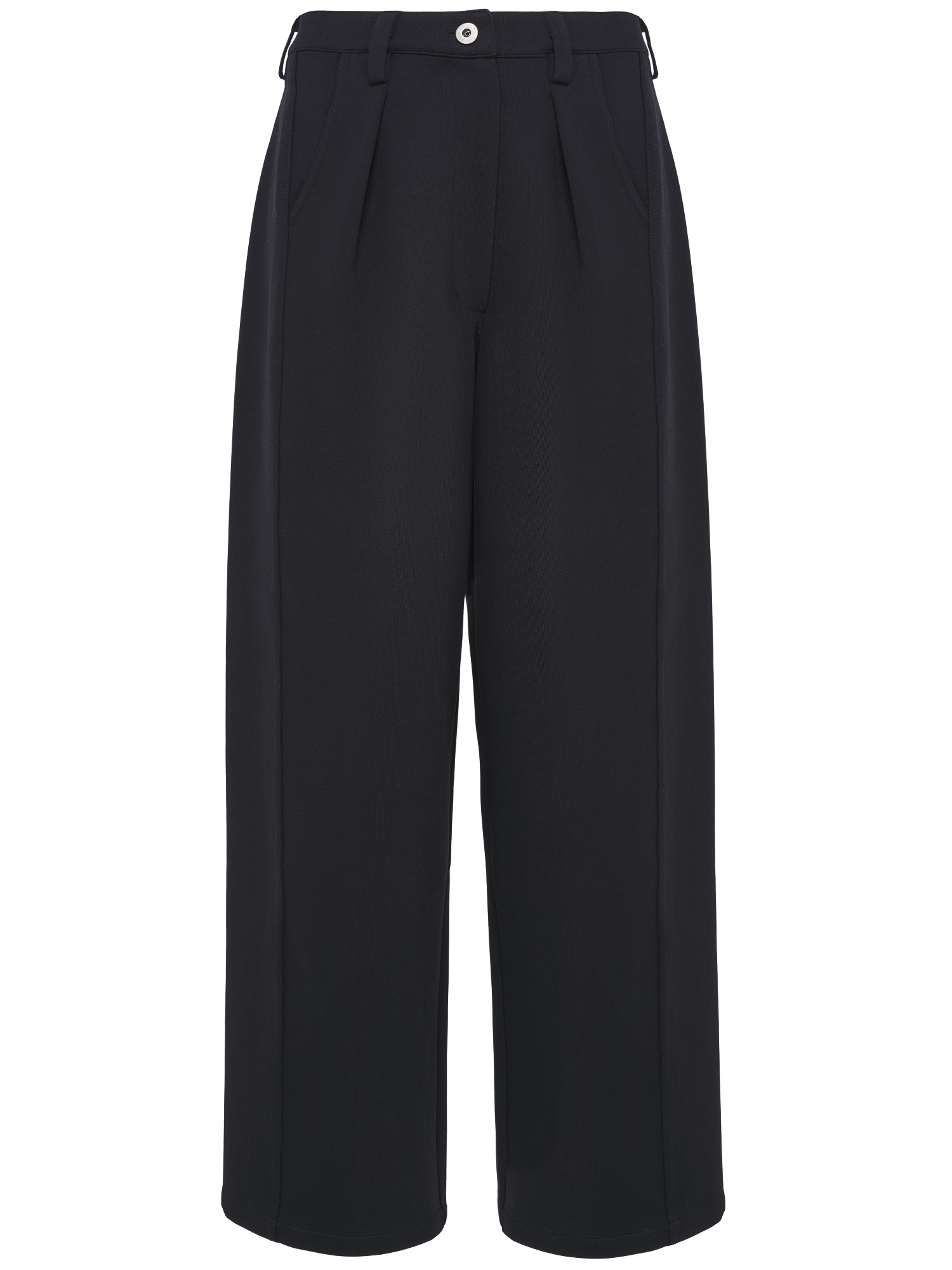 Die Hose „Kasha“ von LeGer by Lena Gercke besticht durch eine hoch taillierte Silhouette mit weitem Bein in Schwarz, mit Falten auf der Vorderseite, Seitentaschen, Gürtelschlaufen und einem einzelnen weißen Knopf am Bund; abgebildet vor weißem Hintergrund.